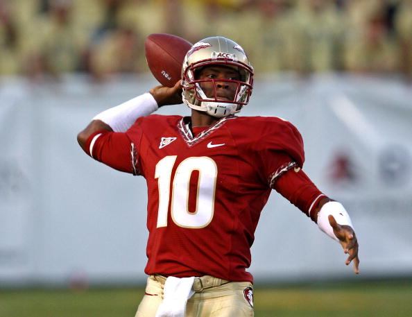 ATLANTA - NOVEMBER 1:  Quarterback D'Vontrey Richardson #10 of the Florida State Seminoles throws a 39 yard touchdown pass during the game against the Georgia Tech Yellow Jackets at Bobby Dodd Stadium at Historic Grant Field on November 1, 2008 in Atlanta