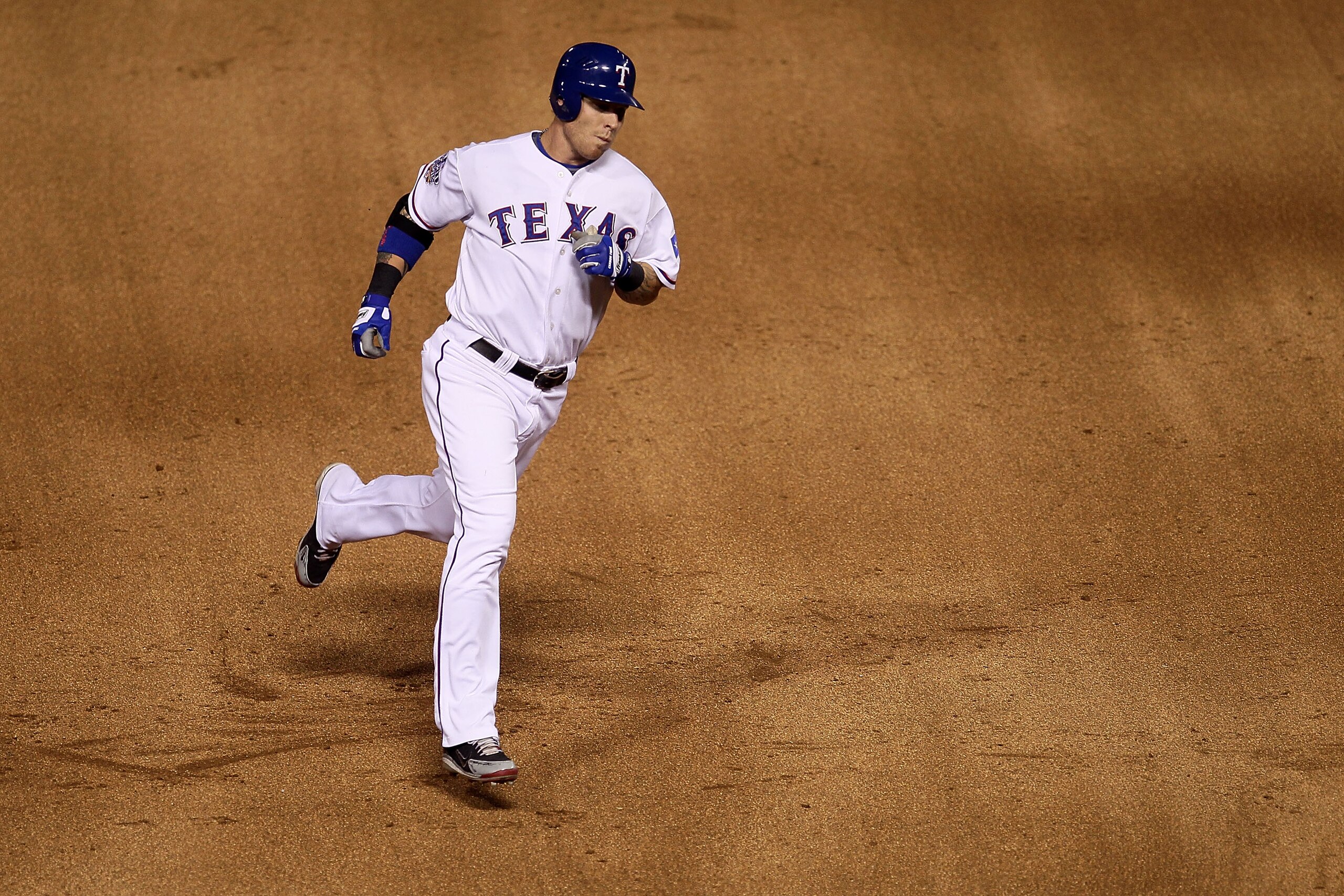 ARLINGTON, TX - OCTOBER 30:  Josh Hamilton #32 of the Texas Rangers rounds third base on his solo home run in the bottom of the fifth inning against the San Francisco Giants in Game Three of the 2010 MLB World Series at Rangers Ballpark in Arlington on Oc