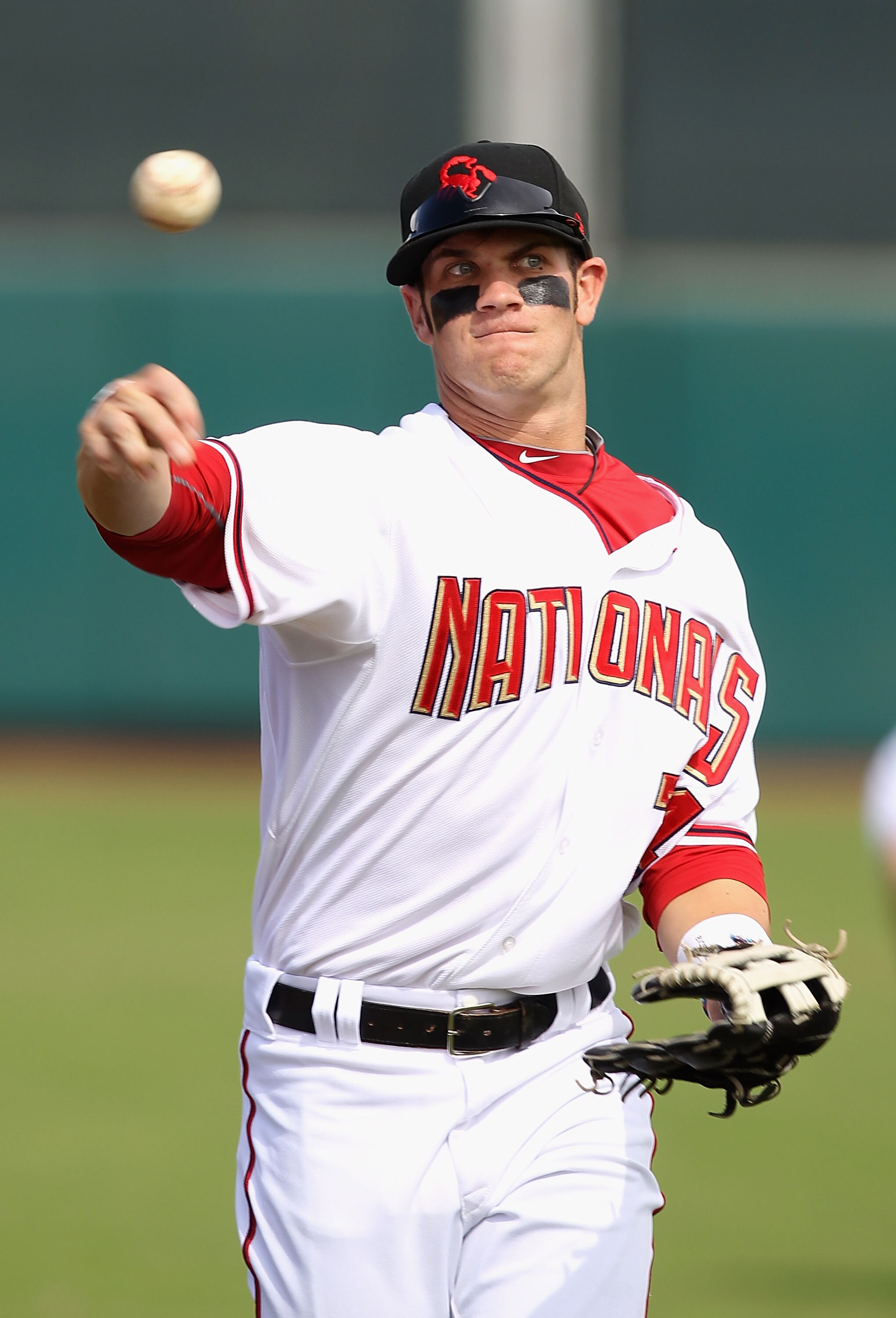 SCOTTSDALE, AZ - OCTOBER 23:  Washington Nationals prospect Bryce Harper #34 playing for the Scottsdale Scorpions warms up before the AZ Fall League game against the Phoenix Desert Dogs at Scottsdale Stadium on October 23, 2010 in Scottsdale, Arizona.  (P