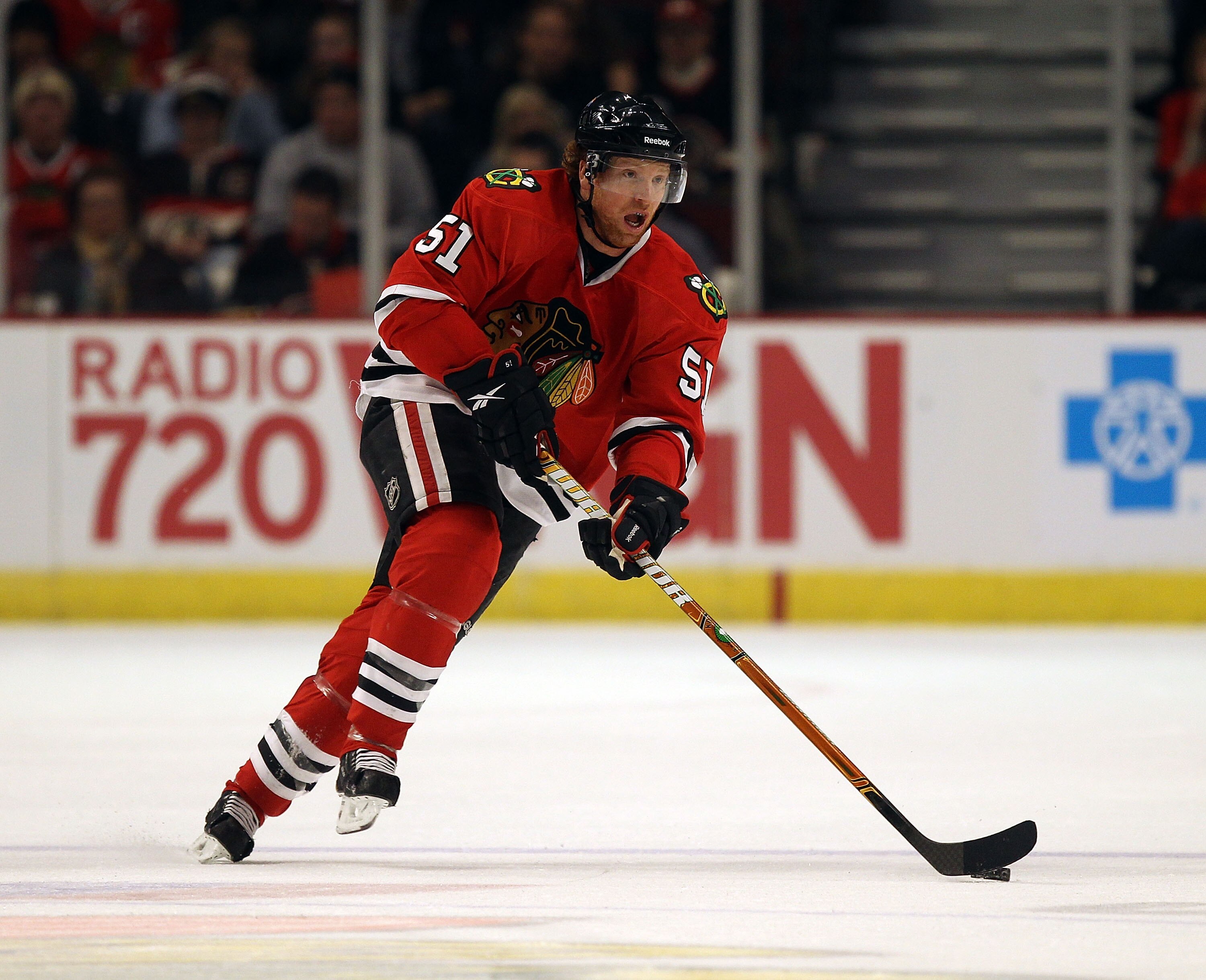 CHICAGO, IL - DECEMBER 19: Brian Campbell #51 of the Chicago Blackhawks controls the puck against the Los Angeles Kings at the United Center on December 19, 2010 in Chicago, Illinois. The Blackhawks defeated the Kings 3-2. (Photo by Jonathan Daniel/Getty 