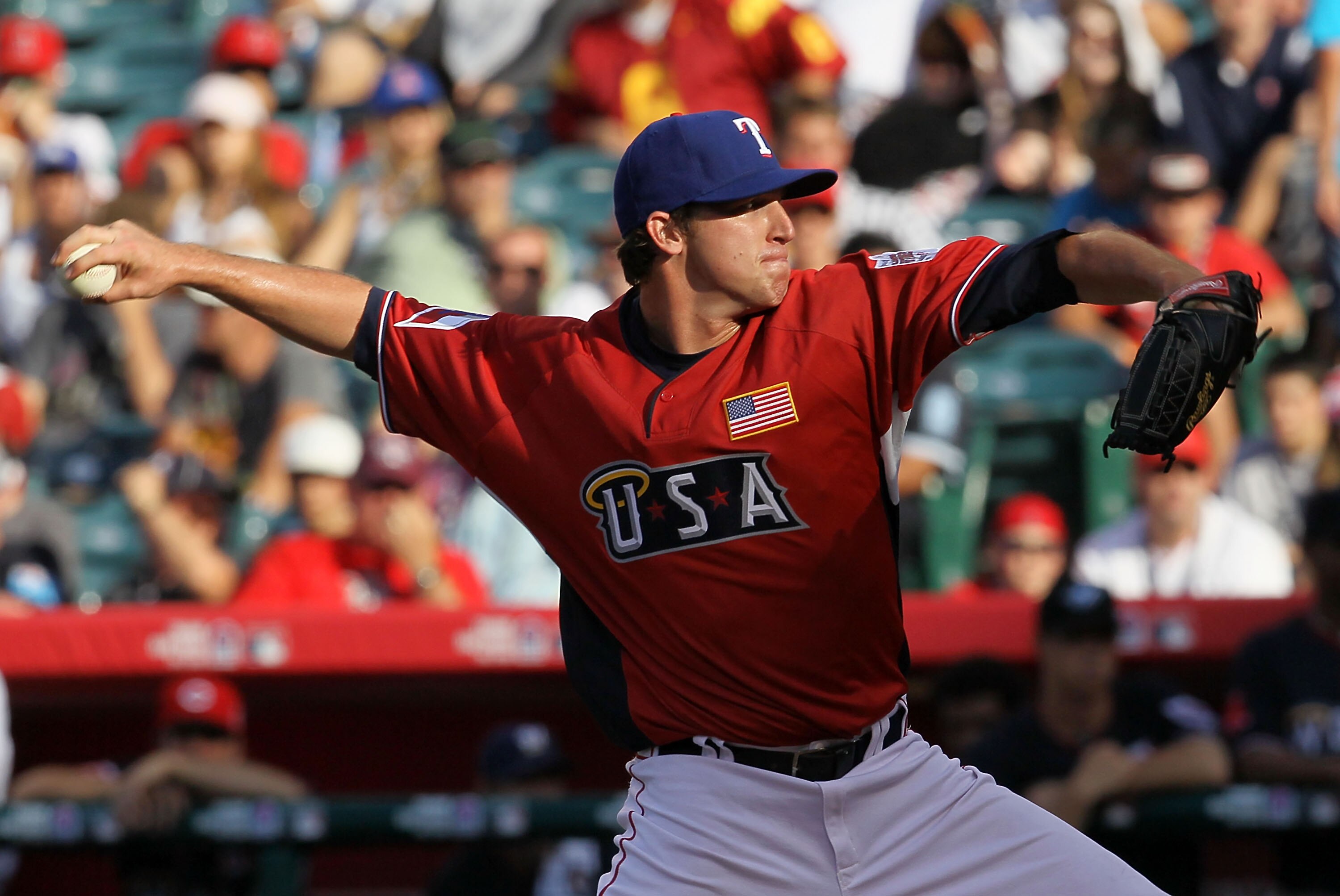 ANAHEIM, CA - JULY 11:  U.S. Futures All-Star Tanner Scheppers #26 of the Texas Rangers throws a pitch during the 2010 XM All-Star Futures Game at Angel Stadium of Anaheim on July 11, 2010 in Anaheim, California.  (Photo by Stephen Dunn/Getty Images)