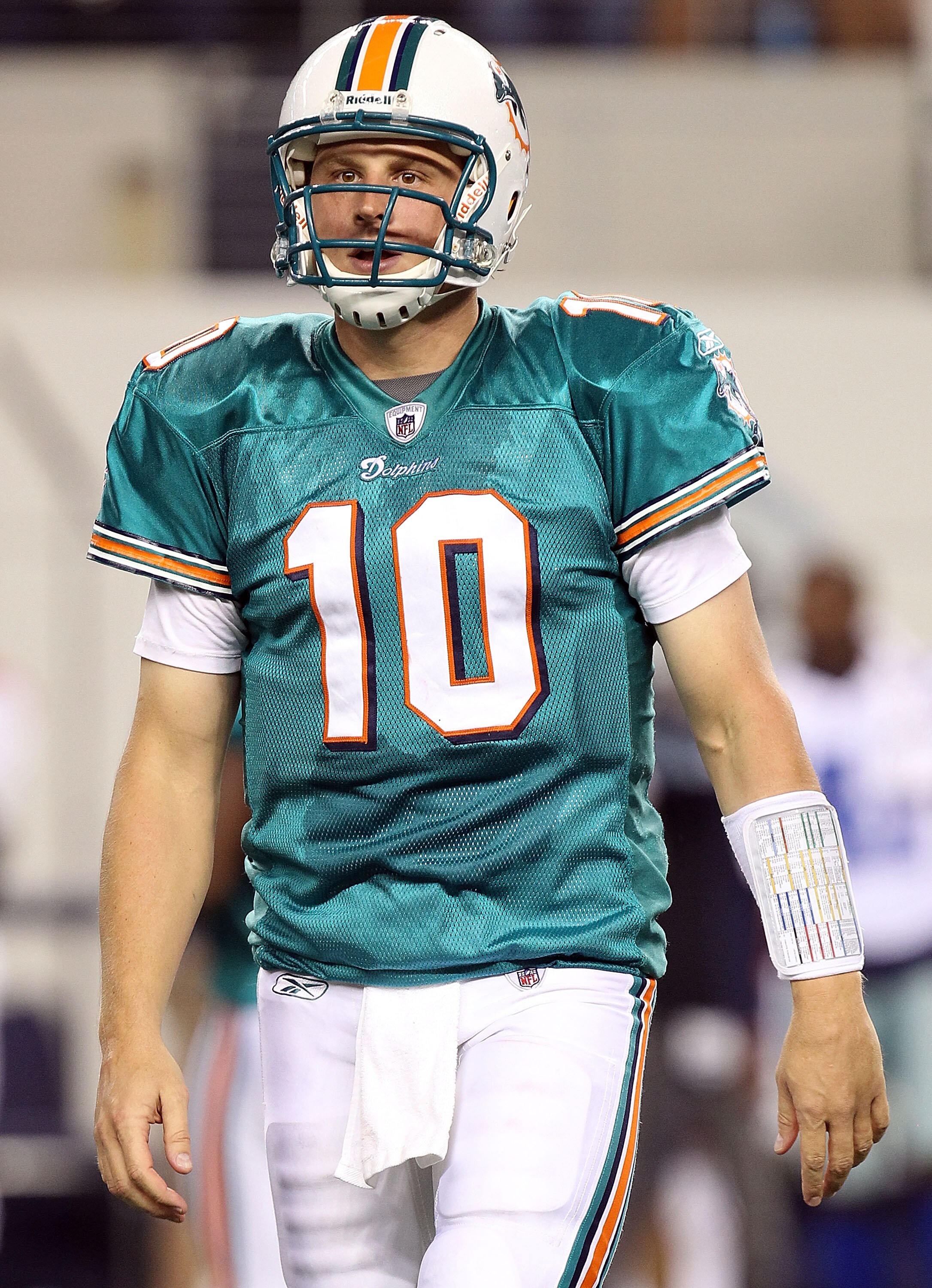 ARLINGTON, TX - SEPTEMBER 02:  Quarterback Chad  Pennington #10 of the Miami Dolphins walks off the field against the Dallas Cowboys during a preseason game at Cowboys Stadium on September 2, 2010 in Arlington, Texas.  (Photo by Ronald Martinez/Getty Imag