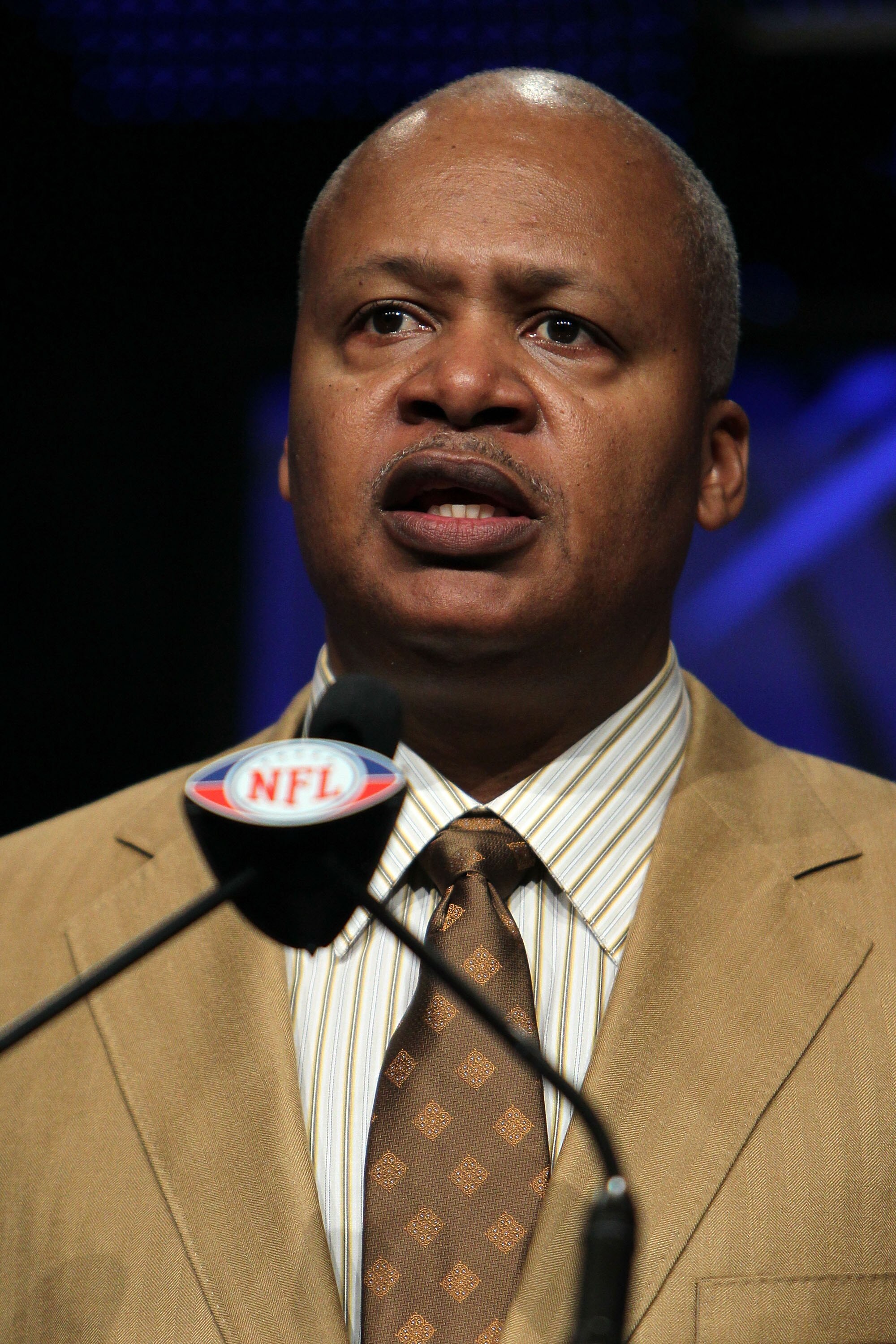 FORT LAUDERDALE, FL - FEBRUARY 05:  Head coach Jim Caldwell of the Indianapolis Colts speaks to members of the media during the AFC Head Coach Press Conference held at the Greater Ft. Lauderdale/Broward County Convention Center as part of media week for S
