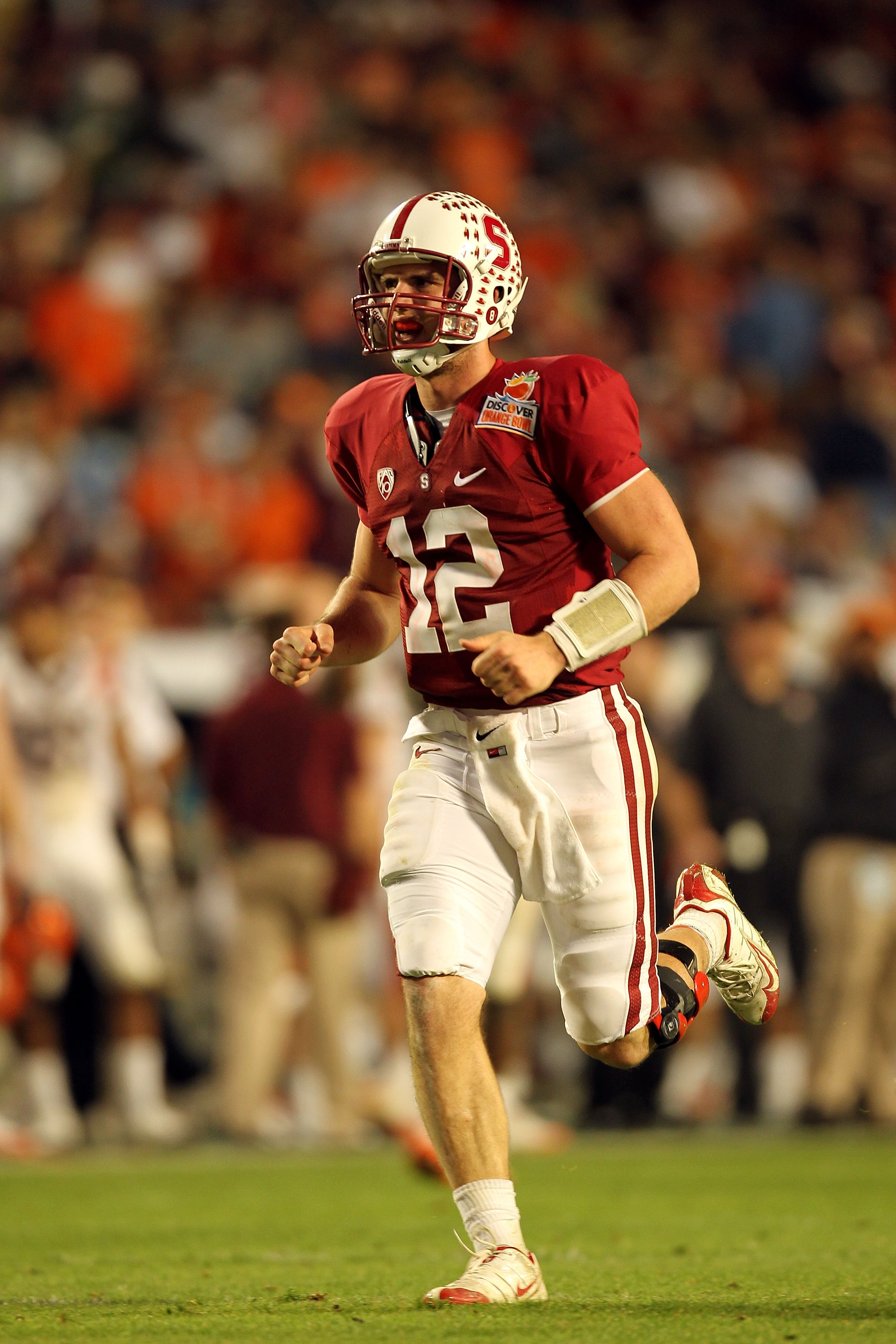 MIAMI, FL - JANUARY 03:  Andrew Luck #12 of the Stanford Cardinal celebrates a play against the Virginai Tech Hokies during the 2011 Discover Orange Bowl at Sun Life Stadium on January 3, 2011 in Miami, Florida. Stanford won 40-12. (Photo by Mike Ehrmann/