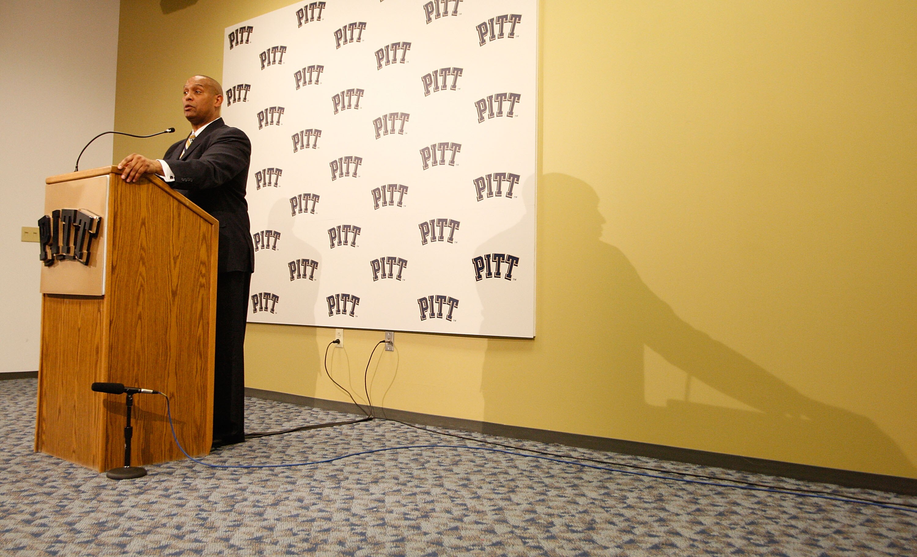 PITTSBURGH - DECEMBER 16:  The new University of Pittsburgh head football coach, Mike Haywood, speaks during a press conference on December 16, 2010 at the University of Pittsburgh Panthers South Side training facility in Pittsburgh, Pennsylvania.  (Photo