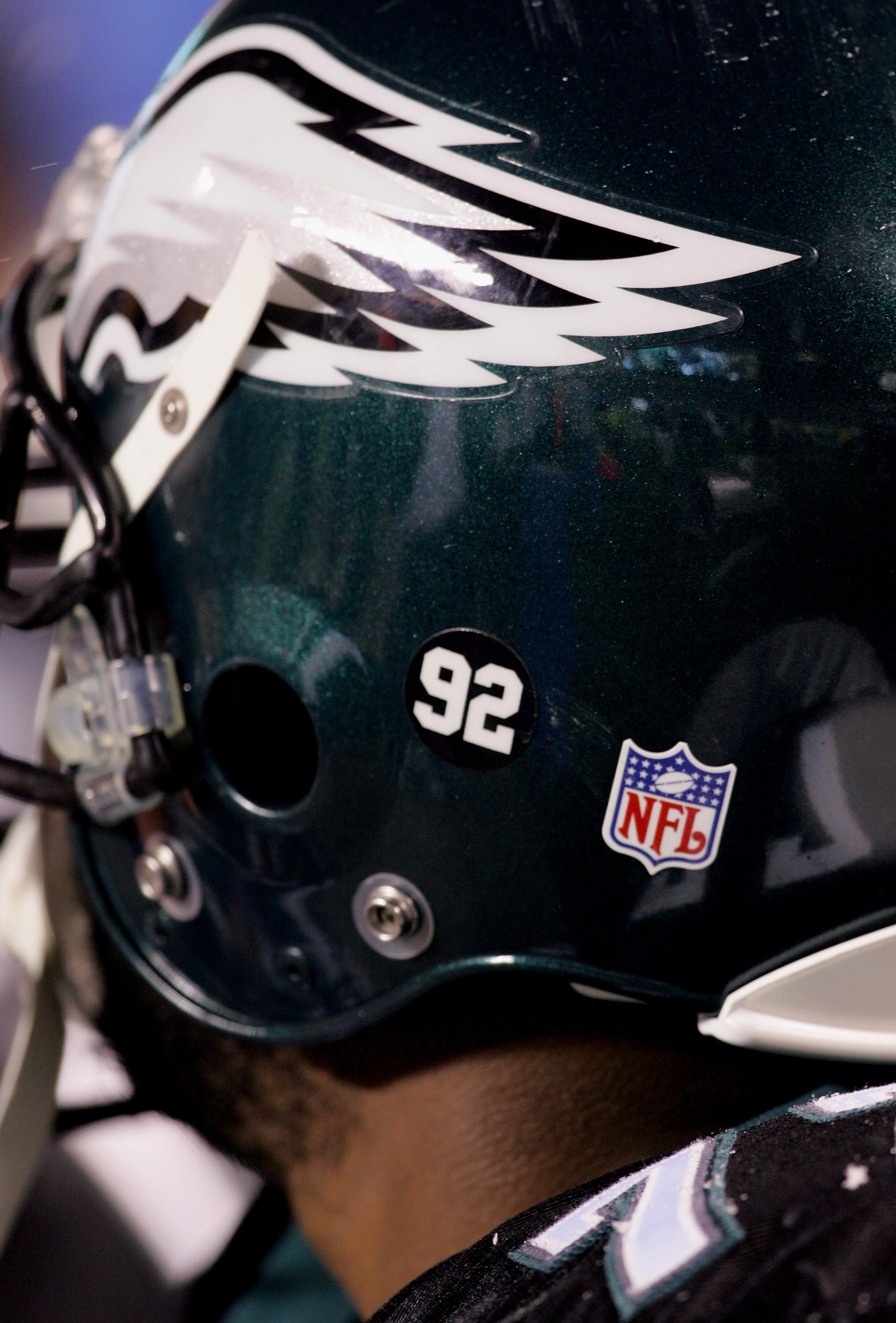 PHILADELPHIA - DECEMBER 05:  A sticker is shown on the helmet of Artis Hicks #77 of the Philadelphia Eagles in support of former teammate Reggie White #92 during the game against the Seattle Seahawks on December 5, 2005 at Lincoln Financial Field in Phila