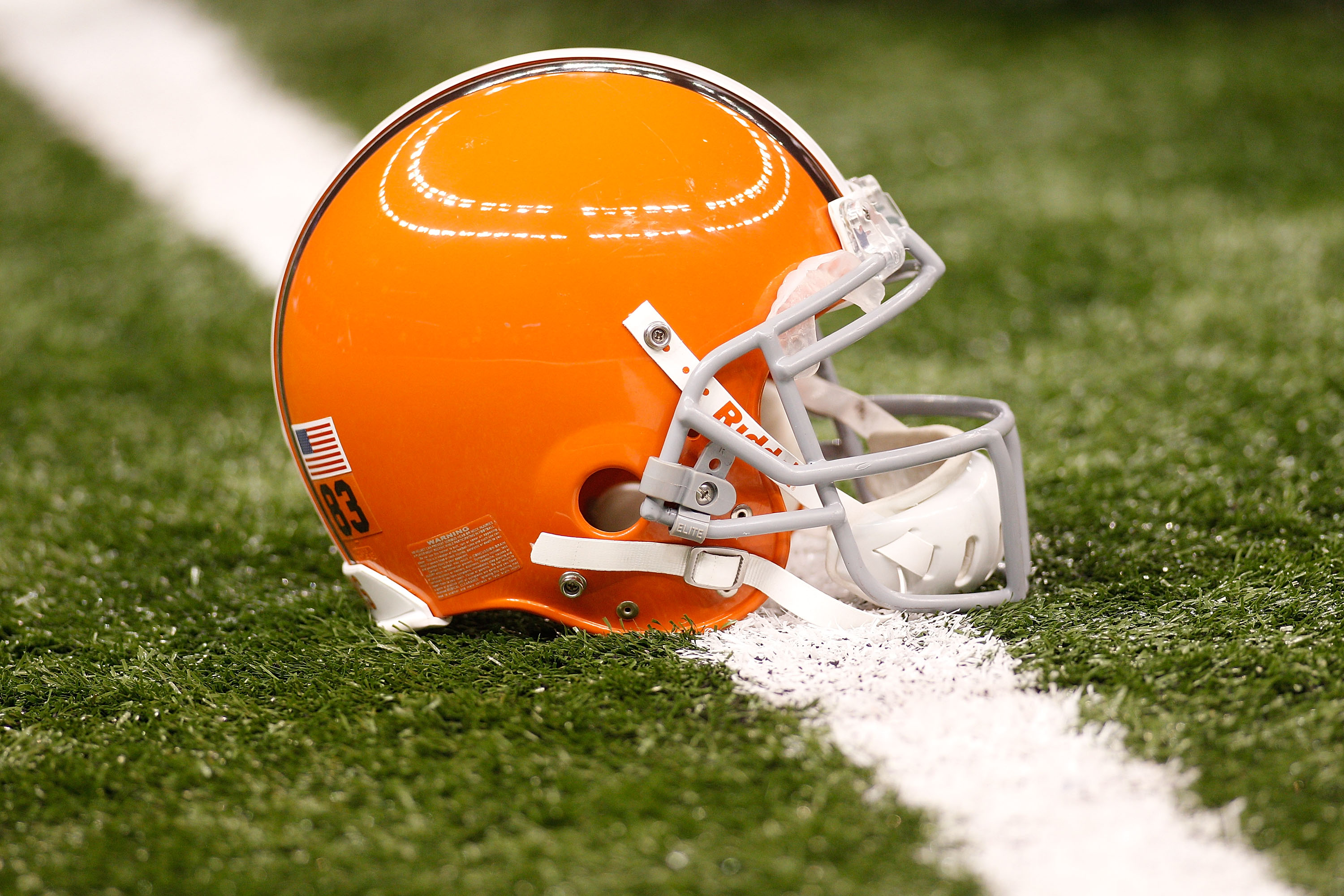 NEW ORLEANS - OCTOBER 24:  A helmet of the Cleveland Browns sits on the turf during pregame before playing the New Orleans Saints at the Louisiana Superdome on October 24, 2010 in New Orleans, Louisiana.  (Photo by Chris Graythen/Getty Images)