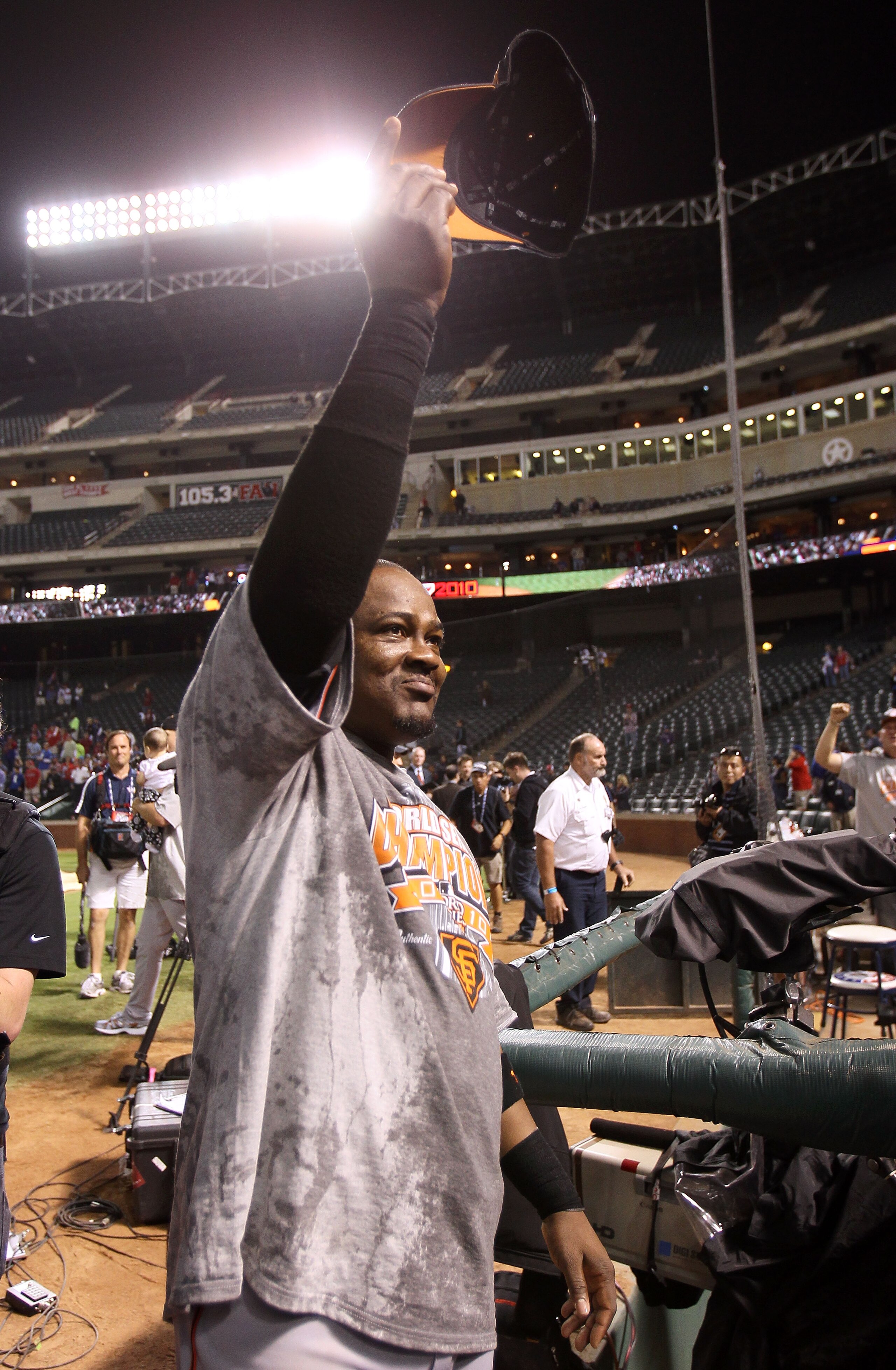 ARLINGTON, TX - NOVEMBER 01: Juan Uribe #5 of the San Francisco Giants celebrates after the Giants won 3-1 against the Texas Rangers in Game Five of the 2010 MLB World Series at Rangers Ballpark in Arlington on November 1, 2010 in Arlington, Texas. (Pho ARLINGTON, TX - NOVEMBER 01: Juan Uribe #5 of the San Francisco Giants celebrates after the Giants won 3-1 against the Texas Rangers in Game Five of the 2010 MLB World Series at Rangers Ballpark in Arlington on November 1, 2010 in Arlington, Texas. (Pho