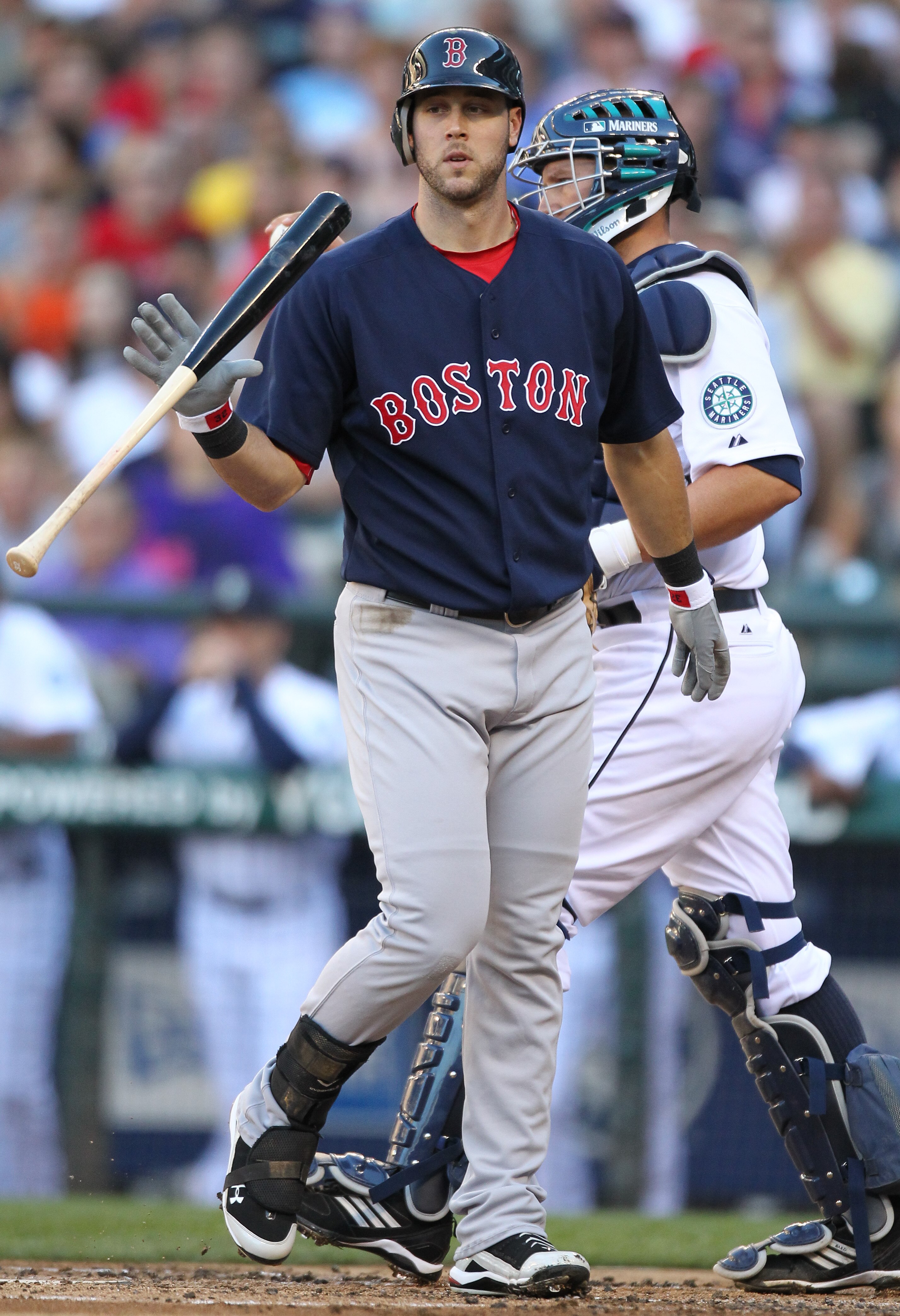 SEATTLE - JULY 24:  Jeremy Hermida #32 of the Boston Red Sox tosses his bat after striking out against the Seattle Mariners at Safeco Field on July 24, 2010 in Seattle, Washington. (Photo by Otto Greule Jr/Getty Images)