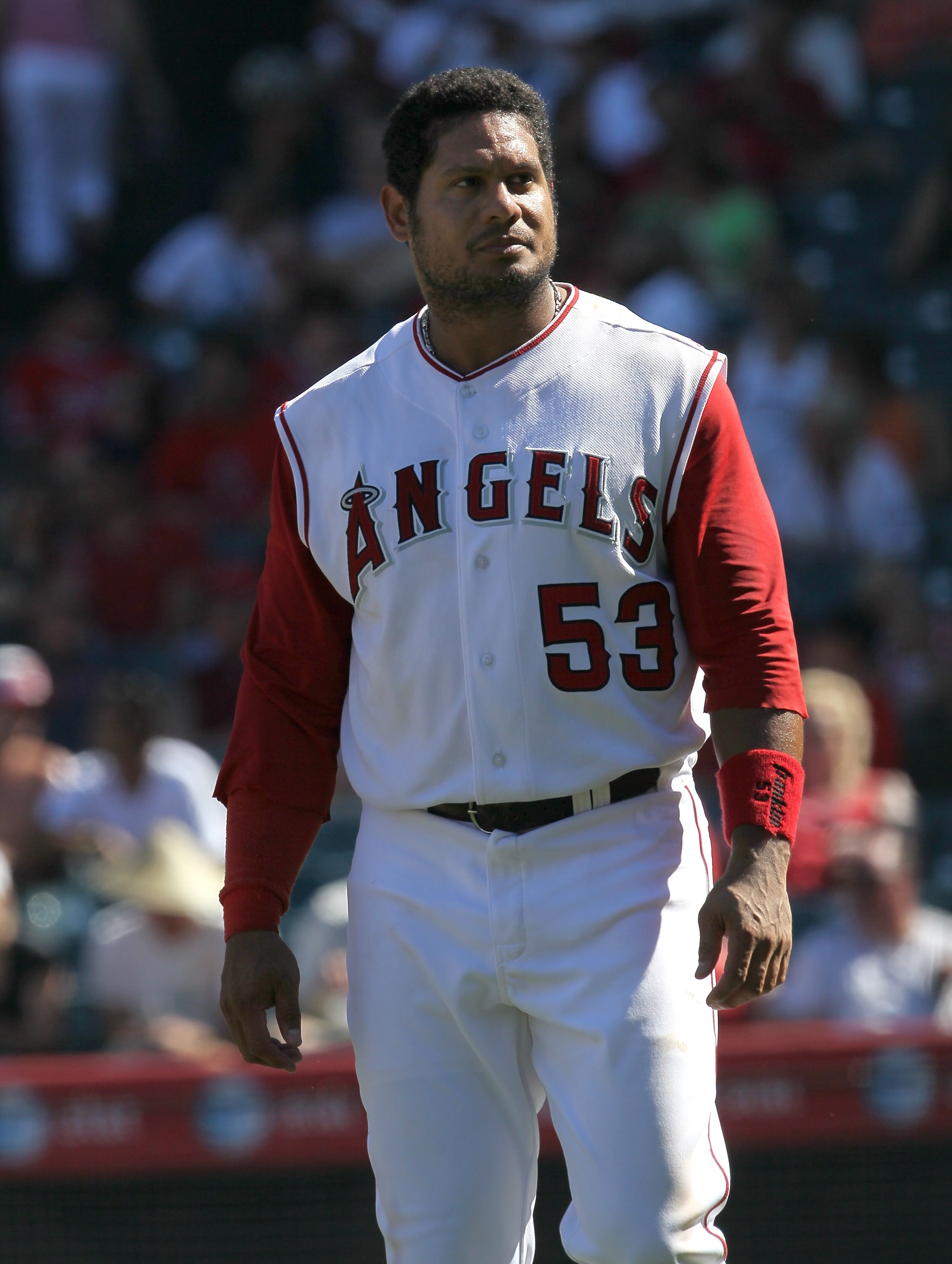 ANAHEIM, CA - SEPTEMBER 26:  Bobby Abreu #53 of the Los Angeles Angels of Anaheim reacts after his check swing was ruled strike three for the final out of the seventh inning with a runner on  second against the Chicago White Sox on September 26, 2010 at A