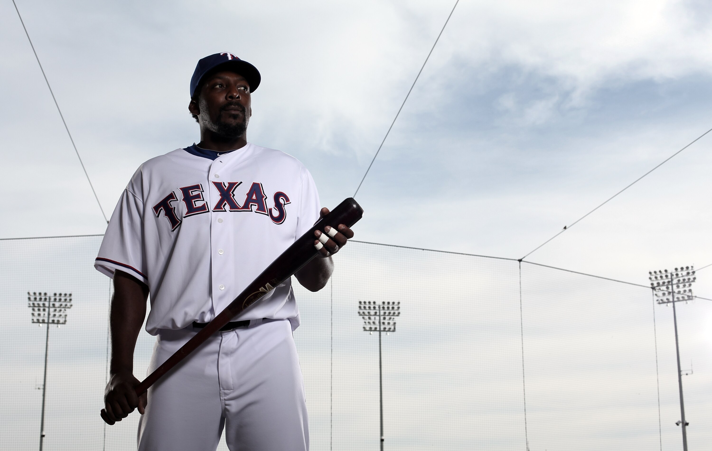 SURPRISE, AZ - MARCH 02:  (EDITORS NOTE : THIS IMAGE HAS BEEN DIGITALLY DESATURATED.) Vladimir Guerrero #27 poses for a portrait during the Texas rangers Photo Day at Surprise on March 2, 2010 in Surprise, Arizona.  (Photo by Jonathan Ferrey/Getty Images)