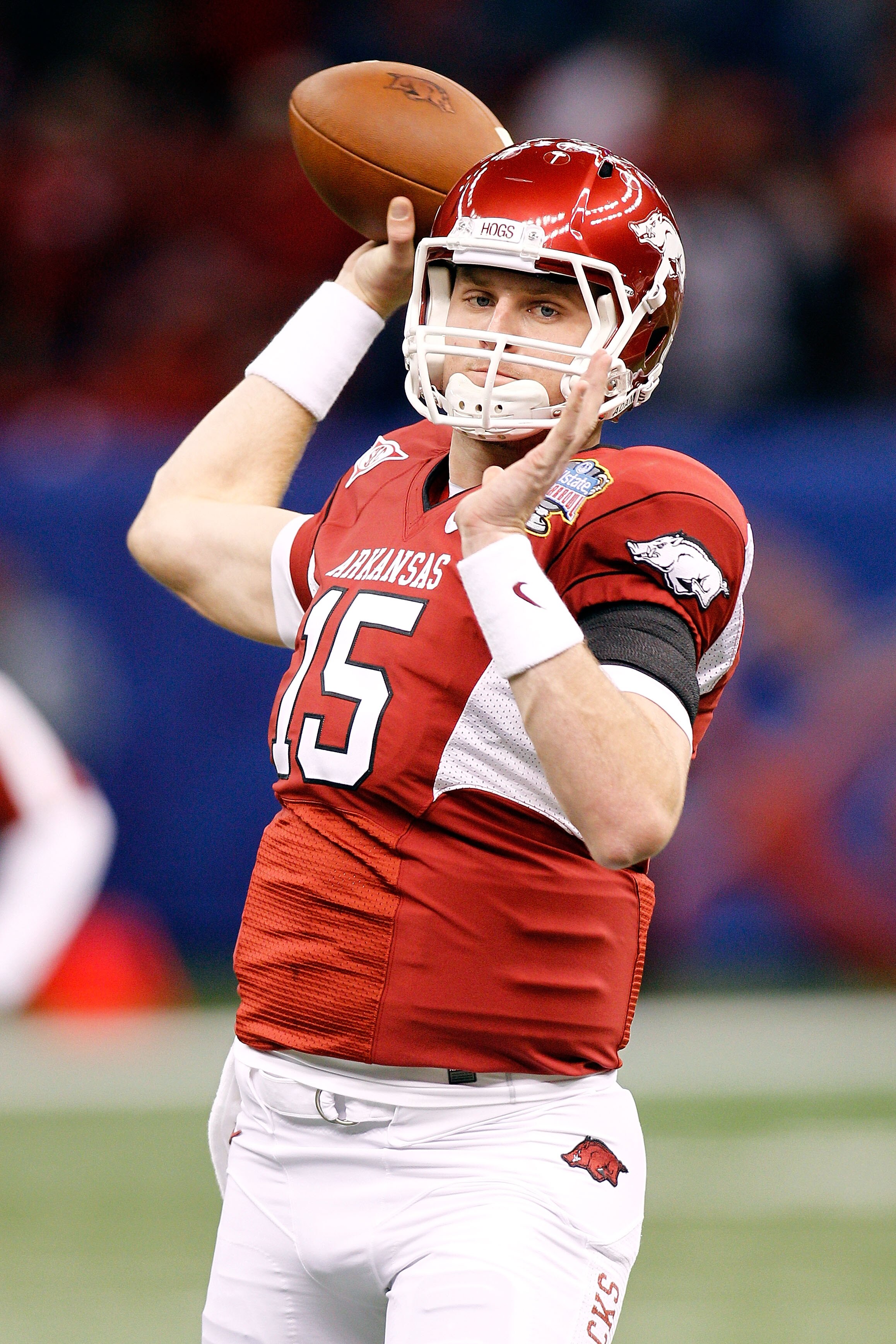 NEW ORLEANS, LA - JANUARY 04:  Quarterback Ryan Mallett #15 of the Arkansas Razorbacks throws the ball before taking on the Ohio State Buckeyes during the Allstate Sugar Bowl at the Louisiana Superdome on January 4, 2011 in New Orleans, Louisiana.  (Photo