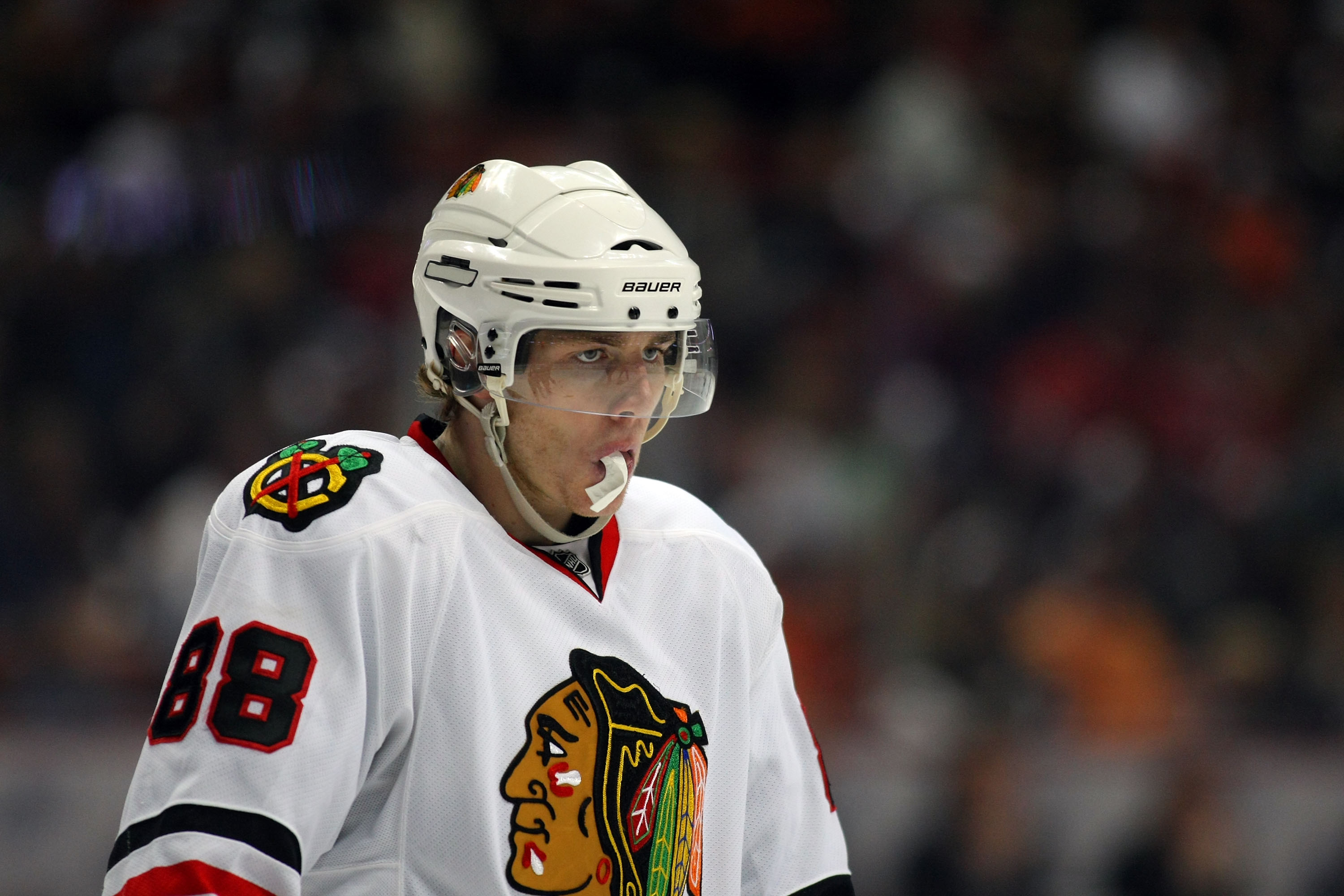 ANAHEIM, CA - JANUARY 02:  Patrick Kane #88 of the Chicago Blackhawks looks on during a break in NHL game action in the third period at Honda Center on January 2, 2011 in Anaheim, California. The Ducks defeated the Blackhawks 2-1.  (Photo by Victor Decolo