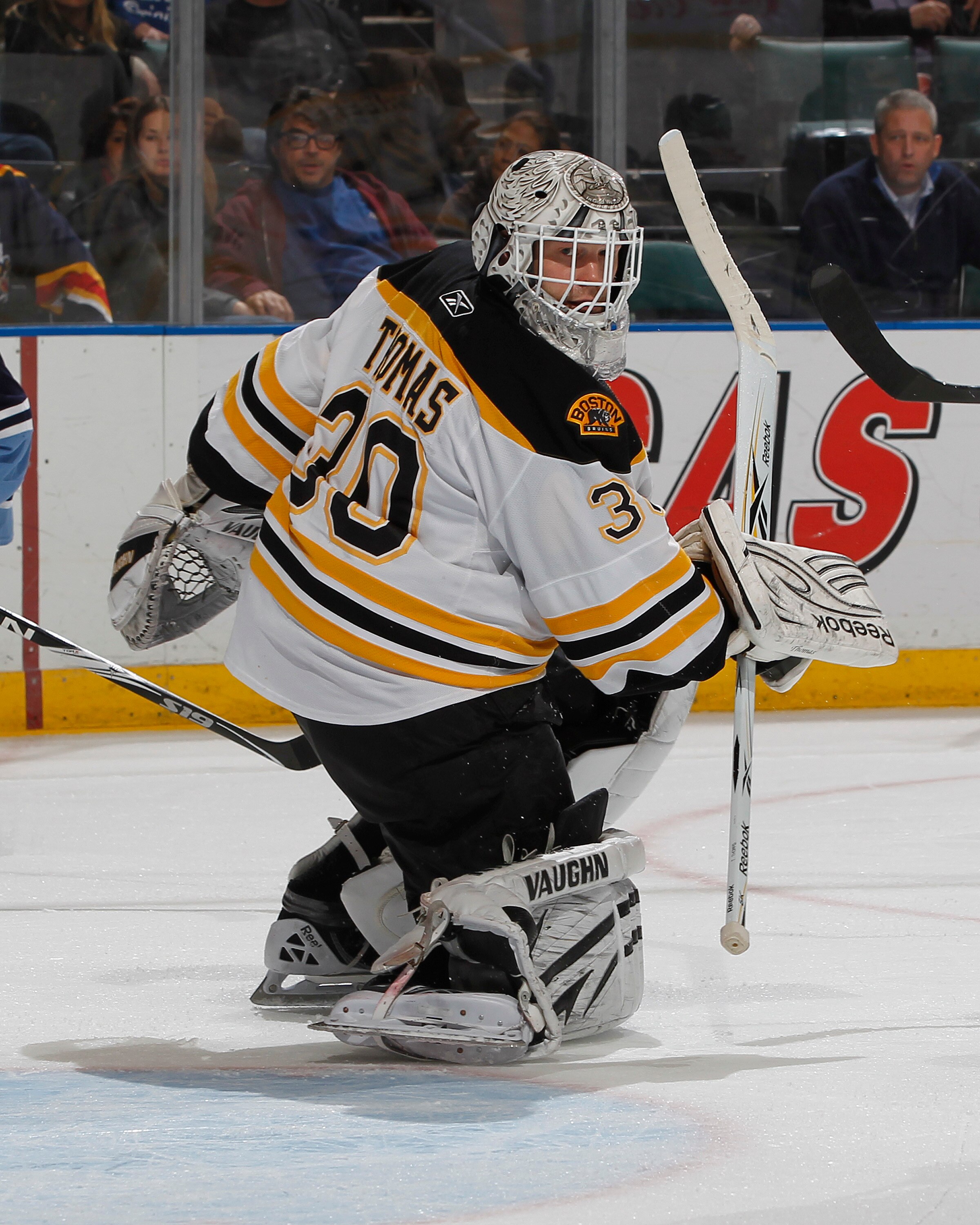 SUNRISE, FL - DECEMBER 27: Goaltender Tim Thomas #30 of the Boston Bruins looks towards the boards after making a save against the Florida Panthers  on December 27, 2010 at the BankAtlantic Center in Sunrise, Florida. The Bruins defeated the Panthers 3-2