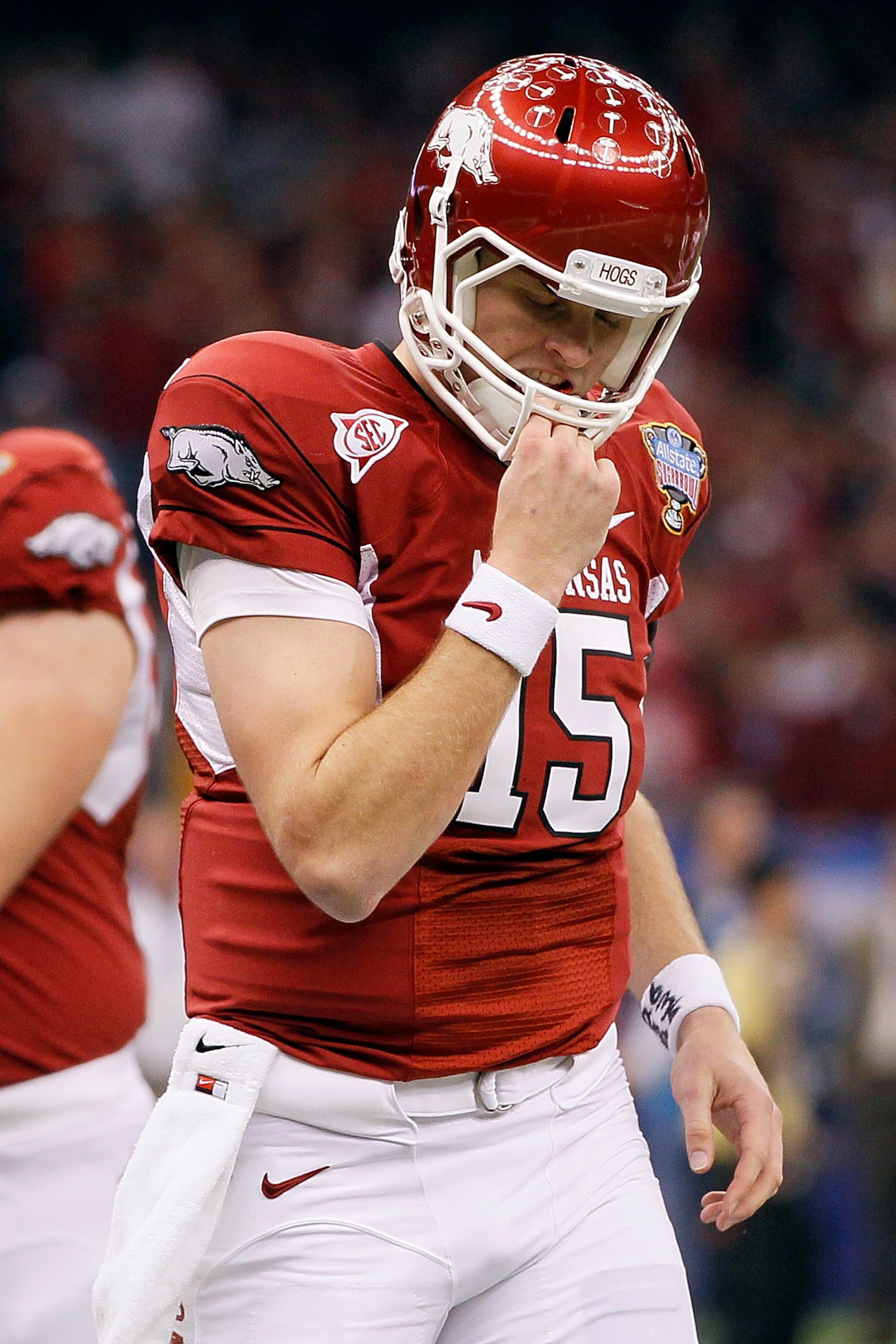 NEW ORLEANS, LA - JANUARY 04:  Quarterback Ryan Mallett #15 of the Arkansas Razorbacks reacts after going three-and-out on their first possesion against the Ohio State Buckeyes during the Allstate Sugar Bowl at the Louisiana Superdome on January 4, 2011 i