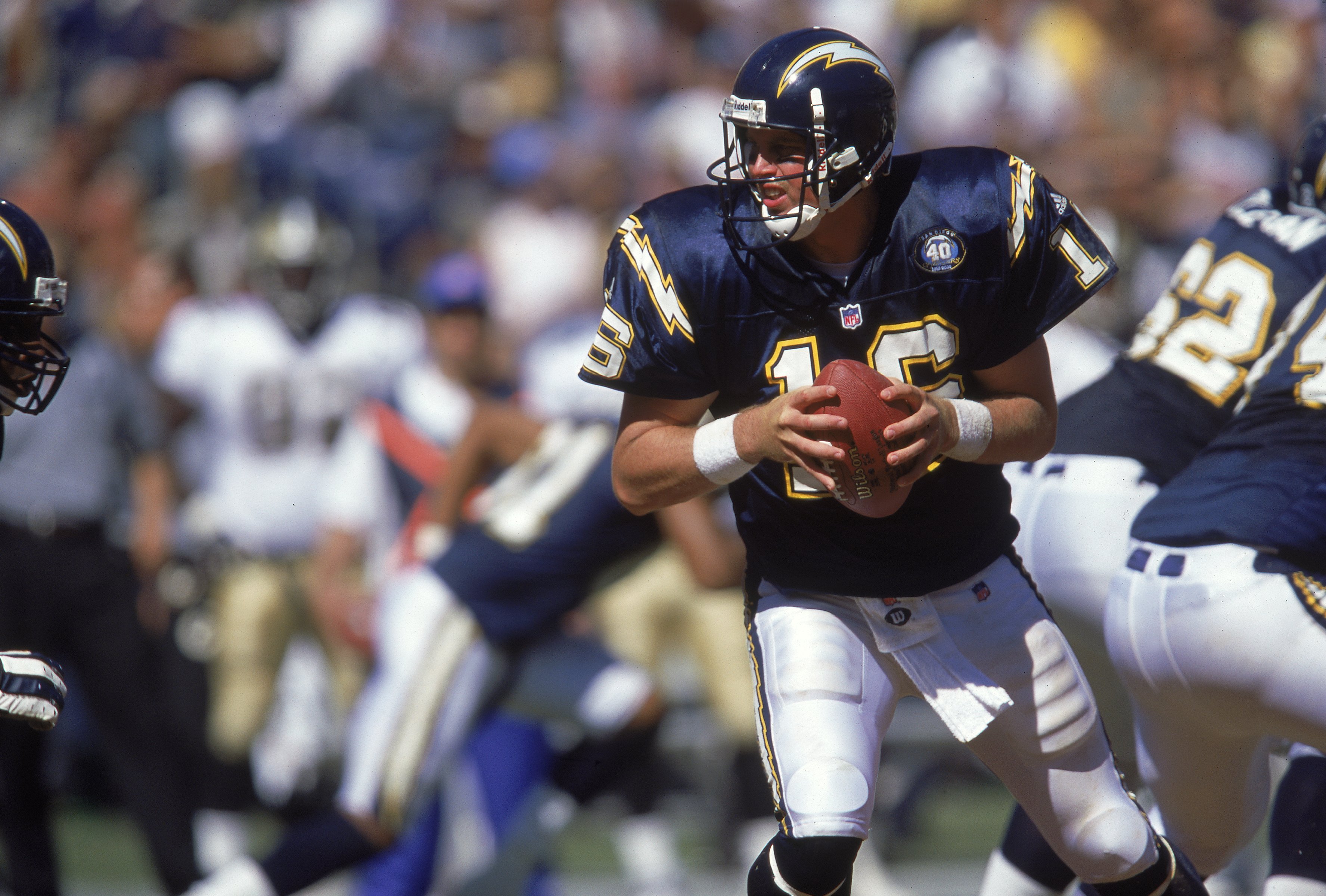 10 Sep 2000:  Ryan Leaf #16 of the San Diego Chargers looks to pass the ball during the game against the New Orleans Saints at Qualcomm Stadium in San Diego, California. The Saints defeated the Chargers 28-27.Mandatory Credit: Stephen Dunn  /Allsport