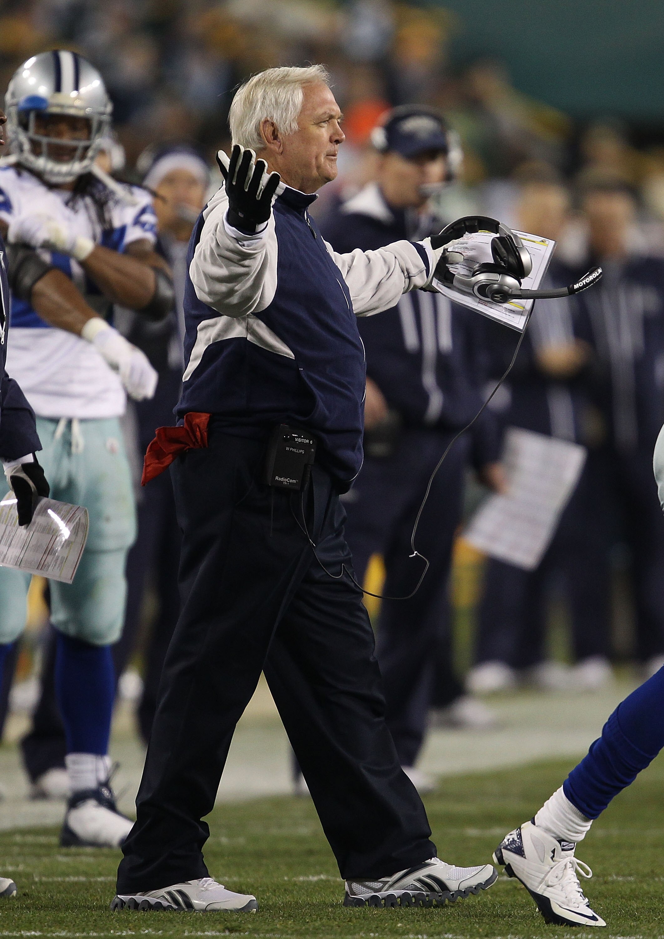 GREEN BAY, WI - NOVEMBER 07: Head coach Wade Phillips of the Dallas Cowboys complains to a referee during a game against the Green Bay Packers at Lambeau Field on November 7, 2010 in Green Bay, Wisconsin. The Packers defeated the Cowboys 45-7.  (Photo by