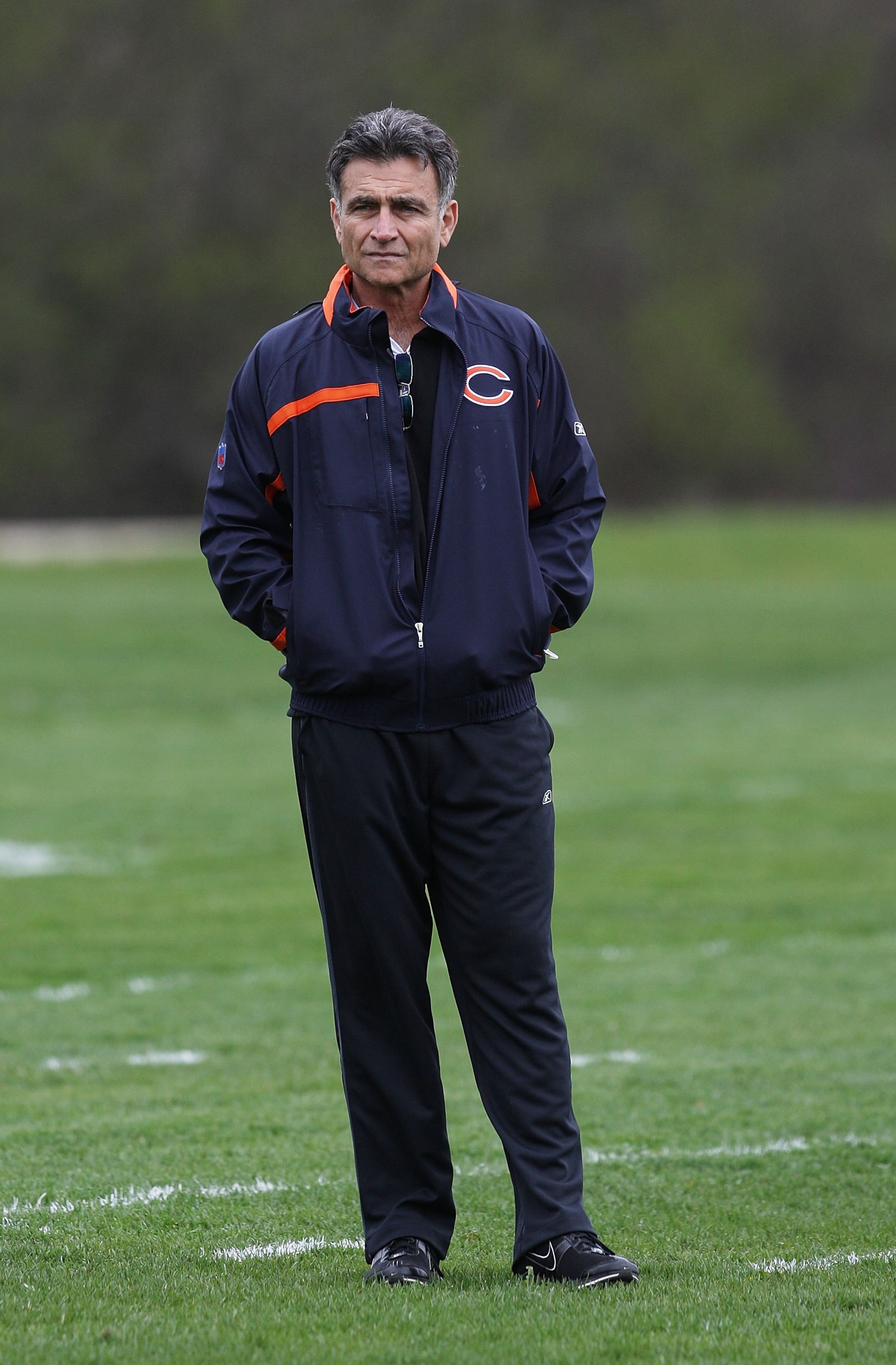 LAKE FOREST, IL - MAY 01: General manager Jerry Angelo of the Chicago Bears watches a rookie mini-camp practice on May 1, 2009 at Halas Hall in Lake Forest, Illinois. (Photo by Jonathan Daniel/Getty Images)