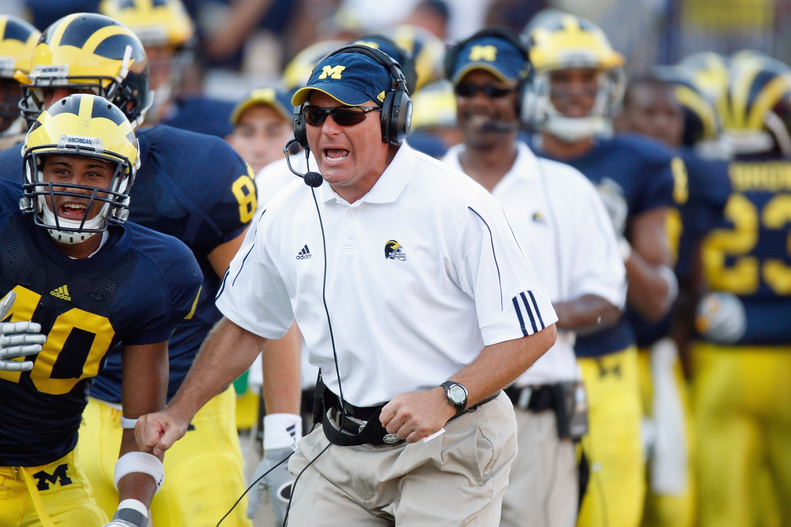 ANN ARBOR, MI - AUGUST 30:  Head coach Rich Rodriguez of the Michigan Wolverines reacts to the play during the game aganst the Utah Utes on August 30, 2008 at Michigan Stadium in Ann Arbor, Michigan. (Photo by: Gregory Shamus/Getty Images)