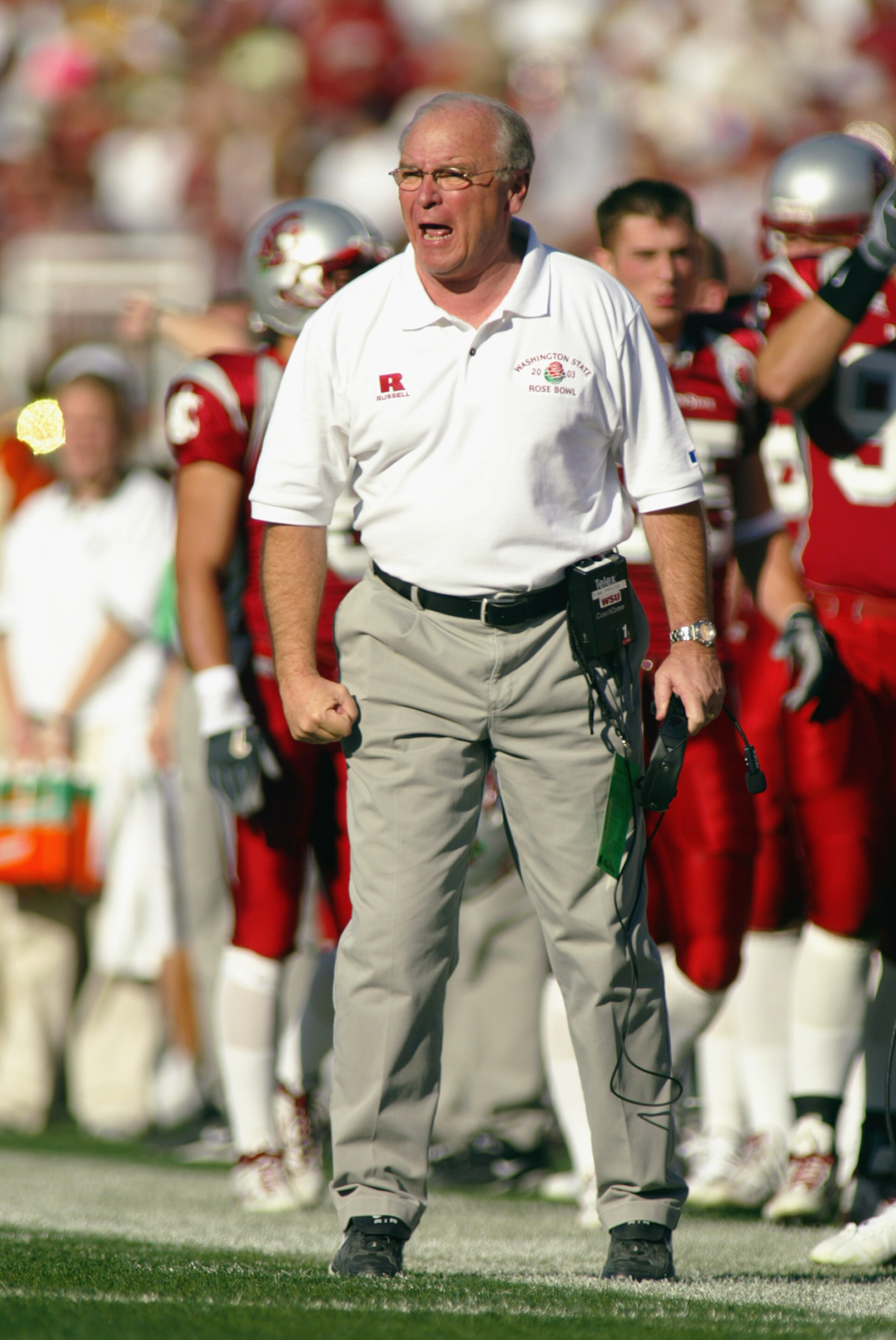 PASADENA, CA - JANUARY 1:  Head coach Mike Price of the Washington State University Cougars during the 89th Rose Bowl against the University of Oklahoma Sooners on January 1, 2003  at the Rose Bowl in Pasadena, California.  Price moved on to coach for Ala