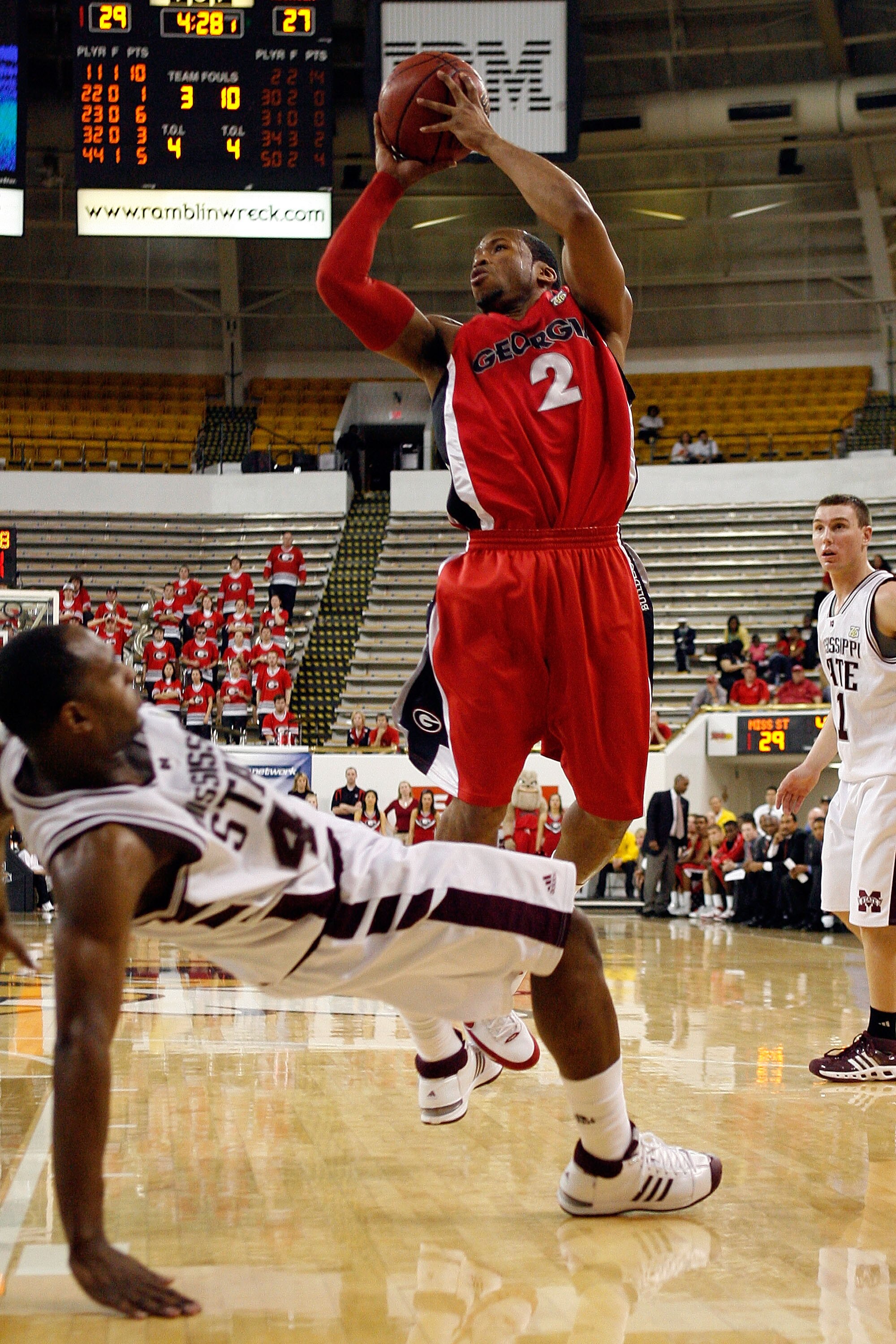 ATLANTA - MARCH 15:  Sundiata Gaines #2 of the Georgia Bulldogs makes a shot over Jamont Gordon #44 of the Mississippi State Bulldogs during the SEC Men's Basketball tournament on March 15, 2008 at Alexander Memorial Coliseum, on the campus of Georgia Tec