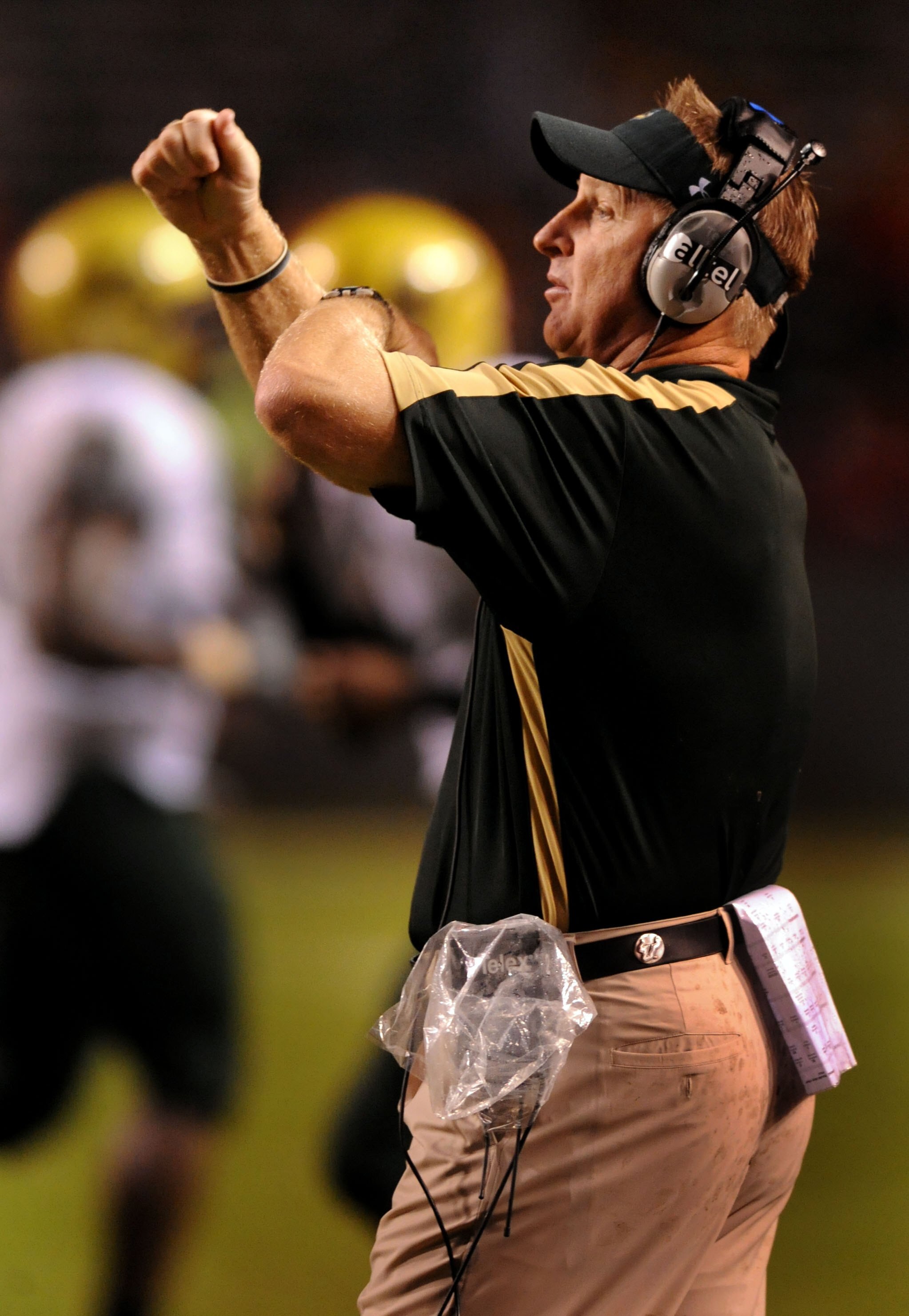 RALEIGH, NC - SEPTEMBER 27:  Head coach Jim Leavitt of the South Florida Bulls signals to his team in the fourth quarter of the college football game against the North Carolina State Wolfpack at Carter-Finley Stadium on September 27, 2008 in Raleigh, Nort