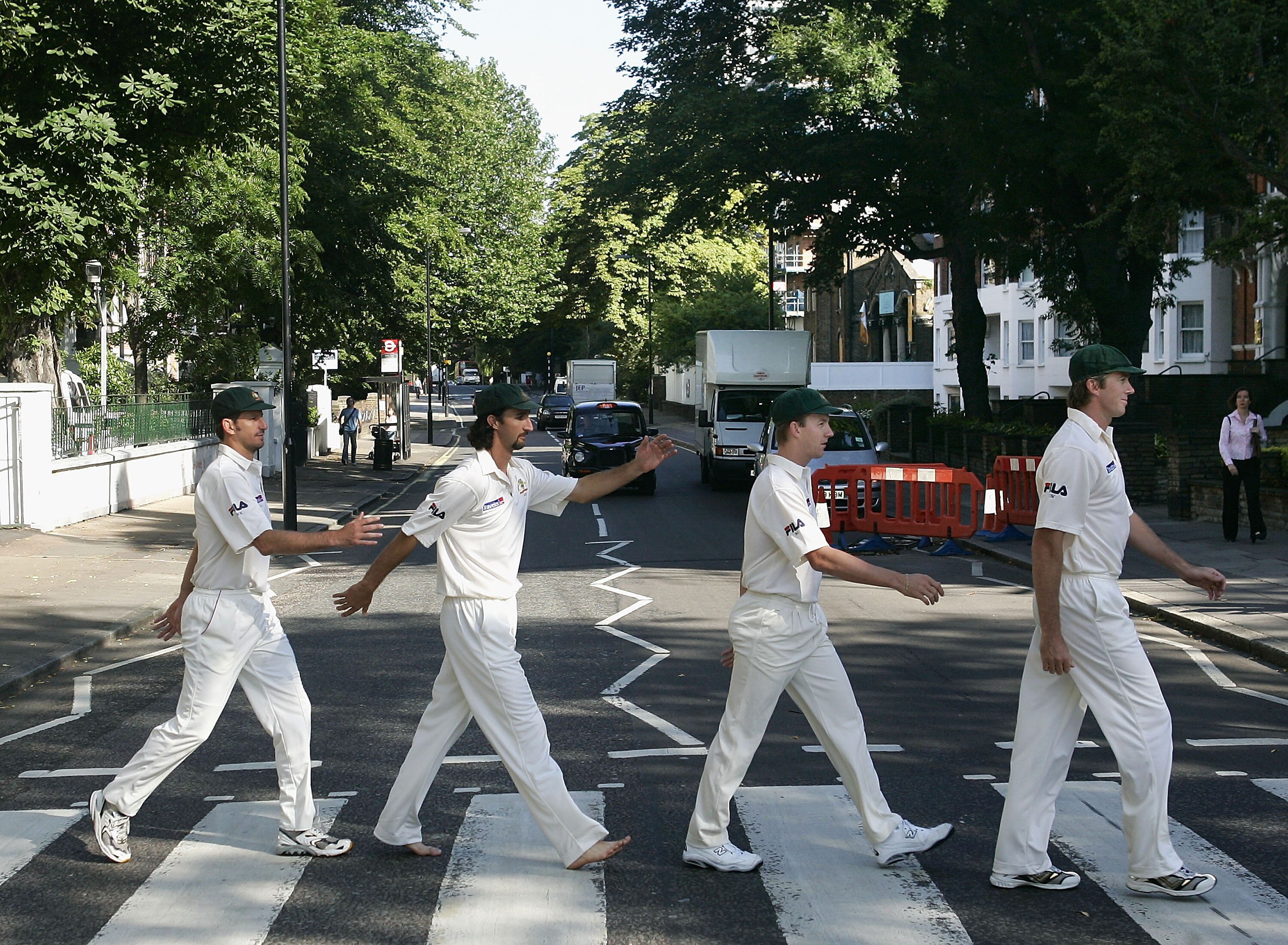 LONDON - JULY 19:  (L-R) Michael Kasrpowicz, Jason Gillespie, Brett Lee and Glenn McGrath of Australia re-enact the famous Beatles album cover at Abbey Road on July 19, 2005 in London, United Kingdom (Photo by Hamish Blair/Getty Images)