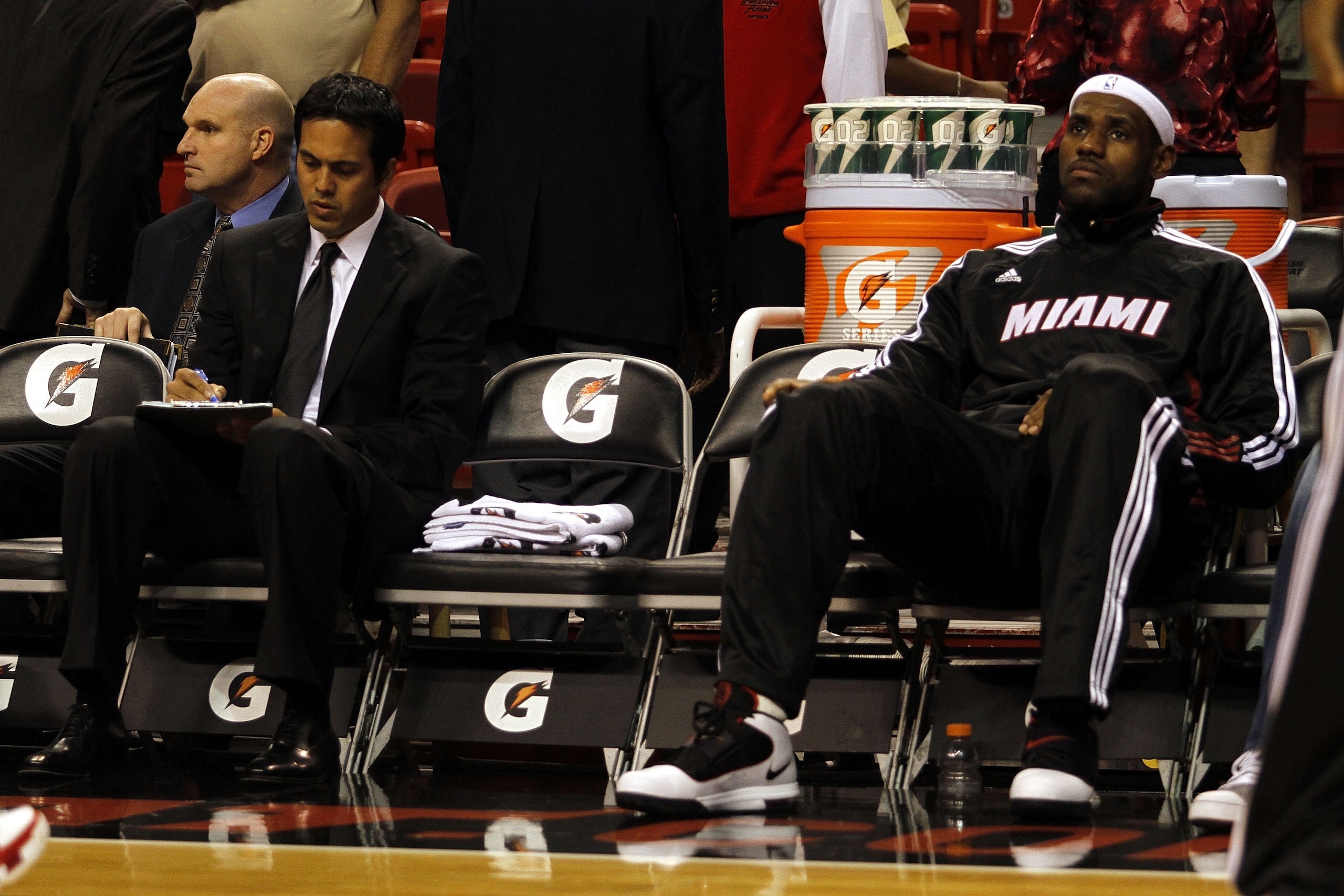 MIAMI - OCTOBER 12: Forward LeBron James #6 and head coach Erik Spoelstra of the Miami Heat on the bench during a game against CSKA Moskow on October 12, 2010 in Miami, Florida. NOTE TO USER: User expressly acknowledges and agrees that, by downloading a MIAMI - OCTOBER 12: Forward LeBron James #6 and head coach Erik Spoelstra of the Miami Heat on the bench during a game against CSKA Moskow on October 12, 2010 in Miami, Florida. NOTE TO USER: User expressly acknowledges and agrees that, by downloading a