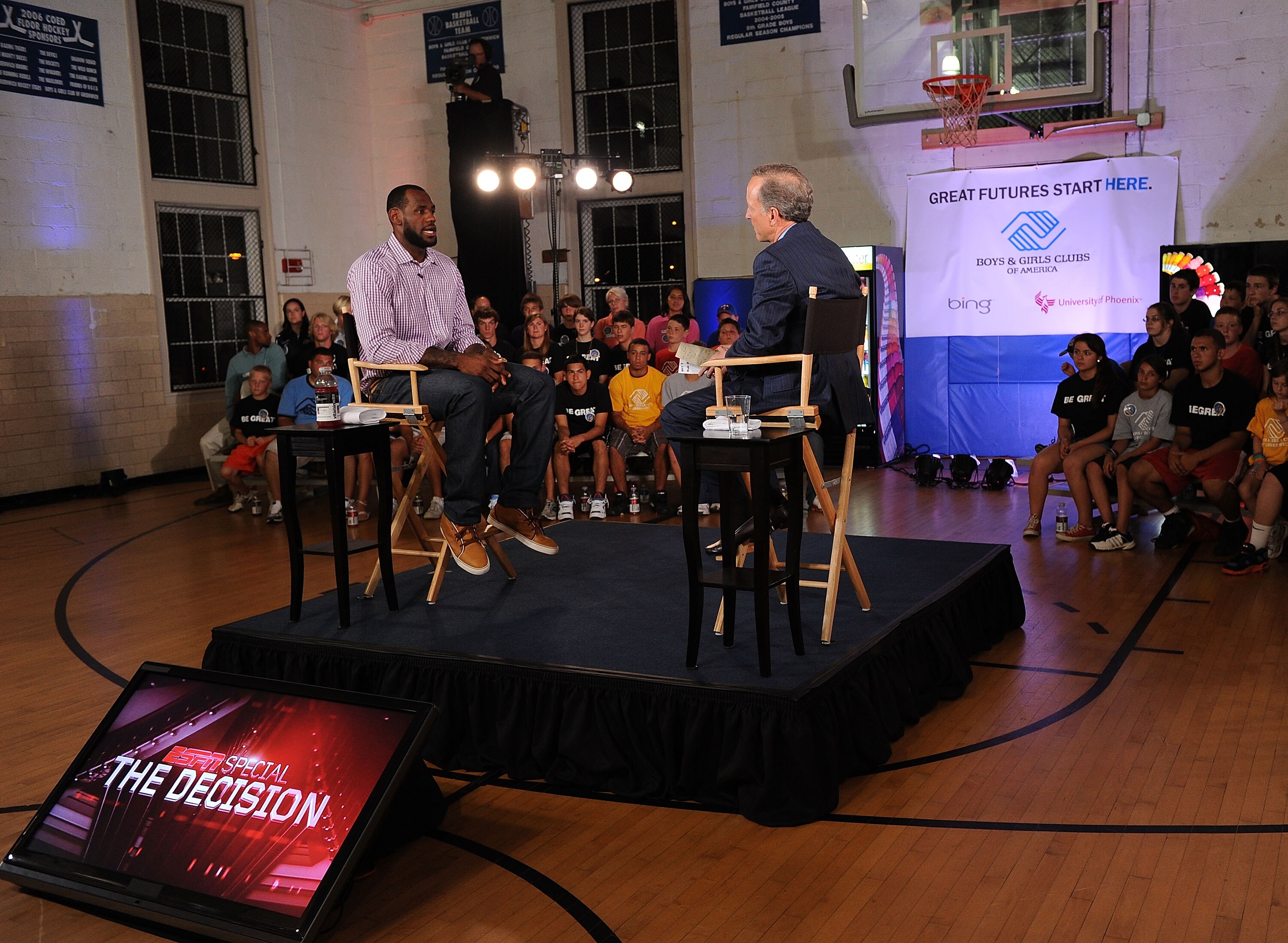 GREENWICH, CT - JULY 08:  LeBron James and ESPN's Jim Gray speak at the LeBron James announcement of his future NBA plans at the  Boys & Girls Club of America on July 8, 2010 in Greenwich, Connecticut. James announced during a live broadcast on ESPN that 