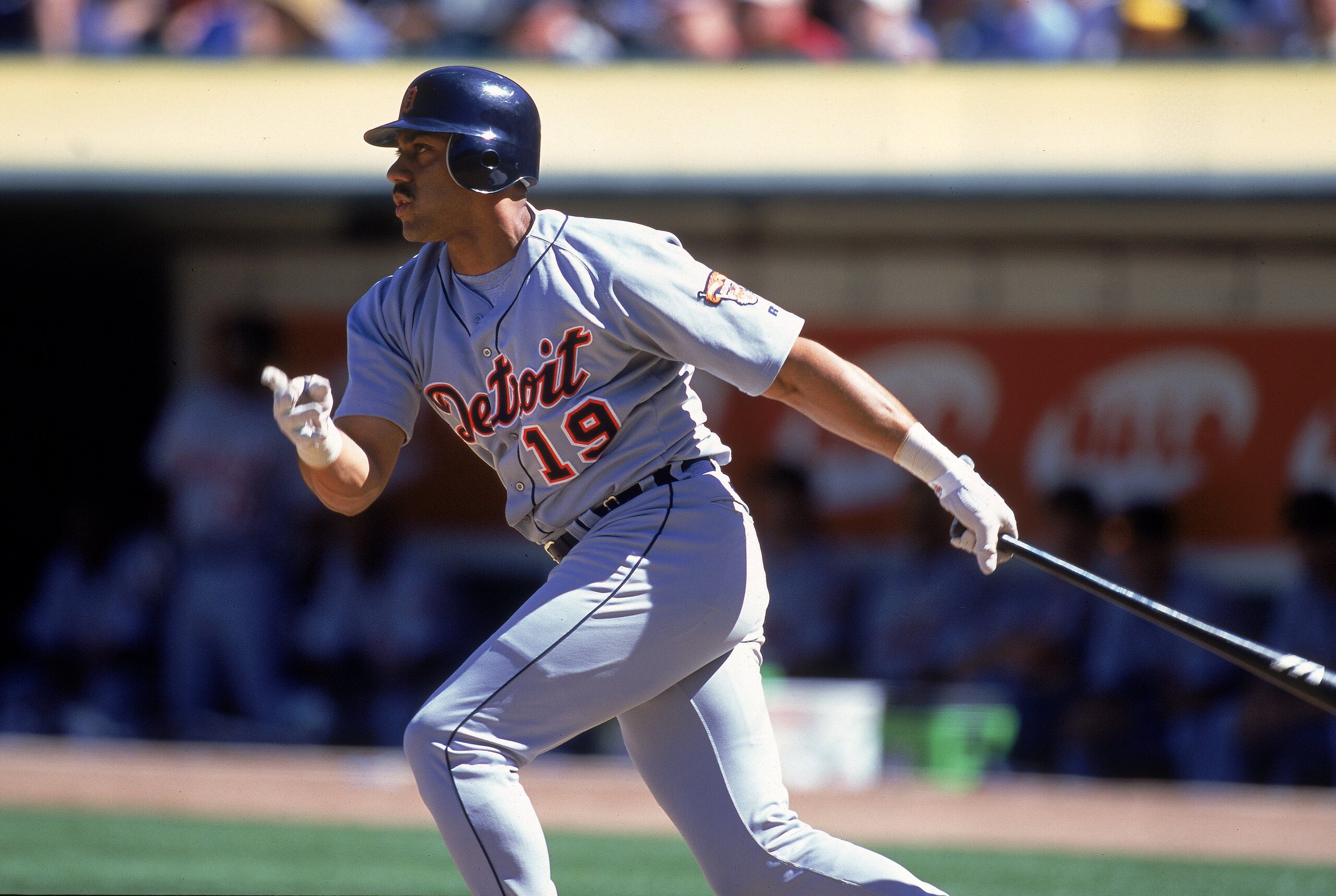 13 Aug 2000: Juan Gonzalez #19 of the Detroit Tigers drops the bat to run during the game against the Oakland Athletics at the Network Associates Coliseum in Oakland, California. The Tigers defeated the Athletics 5-3.Mandatory Credit: Tom Hauck  /Allsport