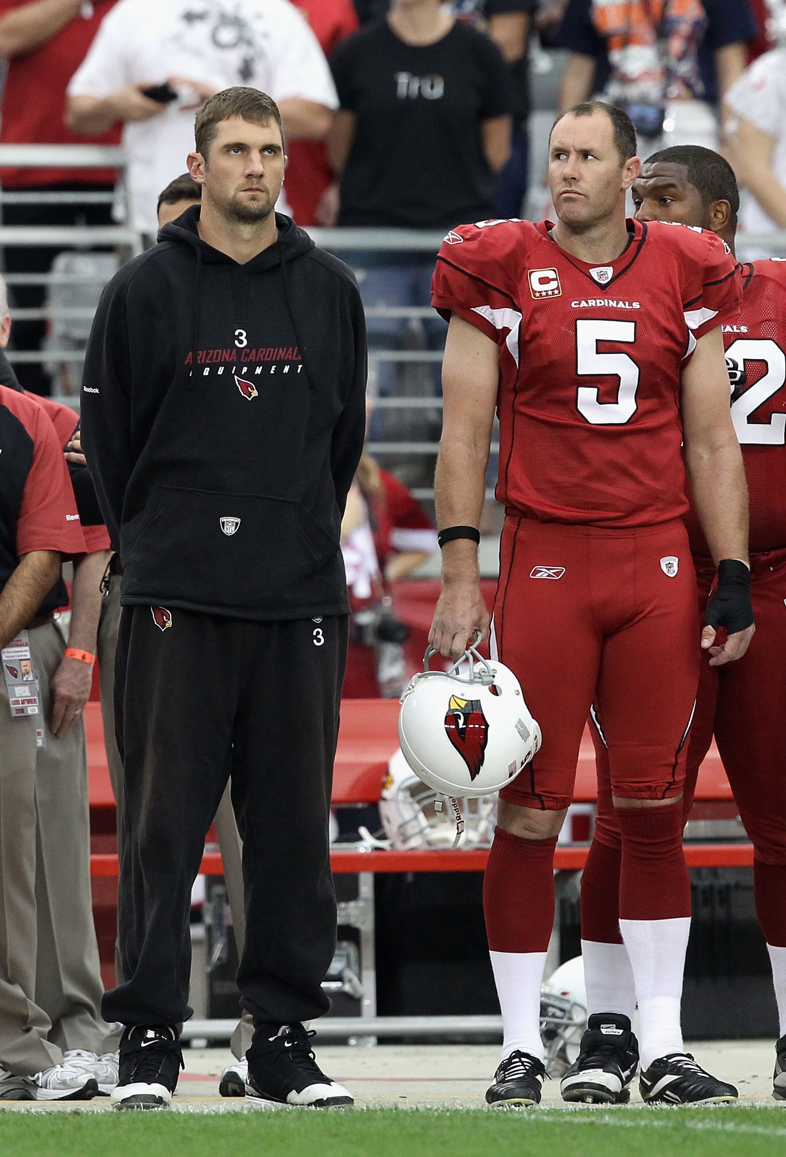 GLENDALE, AZ - DECEMBER 12: Quarterback Derek Anderson #3 and Ben Graham #5 of the Arizona Cardinals stand attended for the National Anthem before the NFL game against the Denver Broncos at the University of Phoenix Stadium on December 12, 2010 in Glenda GLENDALE, AZ - DECEMBER 12: Quarterback Derek Anderson #3 and Ben Graham #5 of the Arizona Cardinals stand attended for the National Anthem before the NFL game against the Denver Broncos at the University of Phoenix Stadium on December 12, 2010 in Glenda