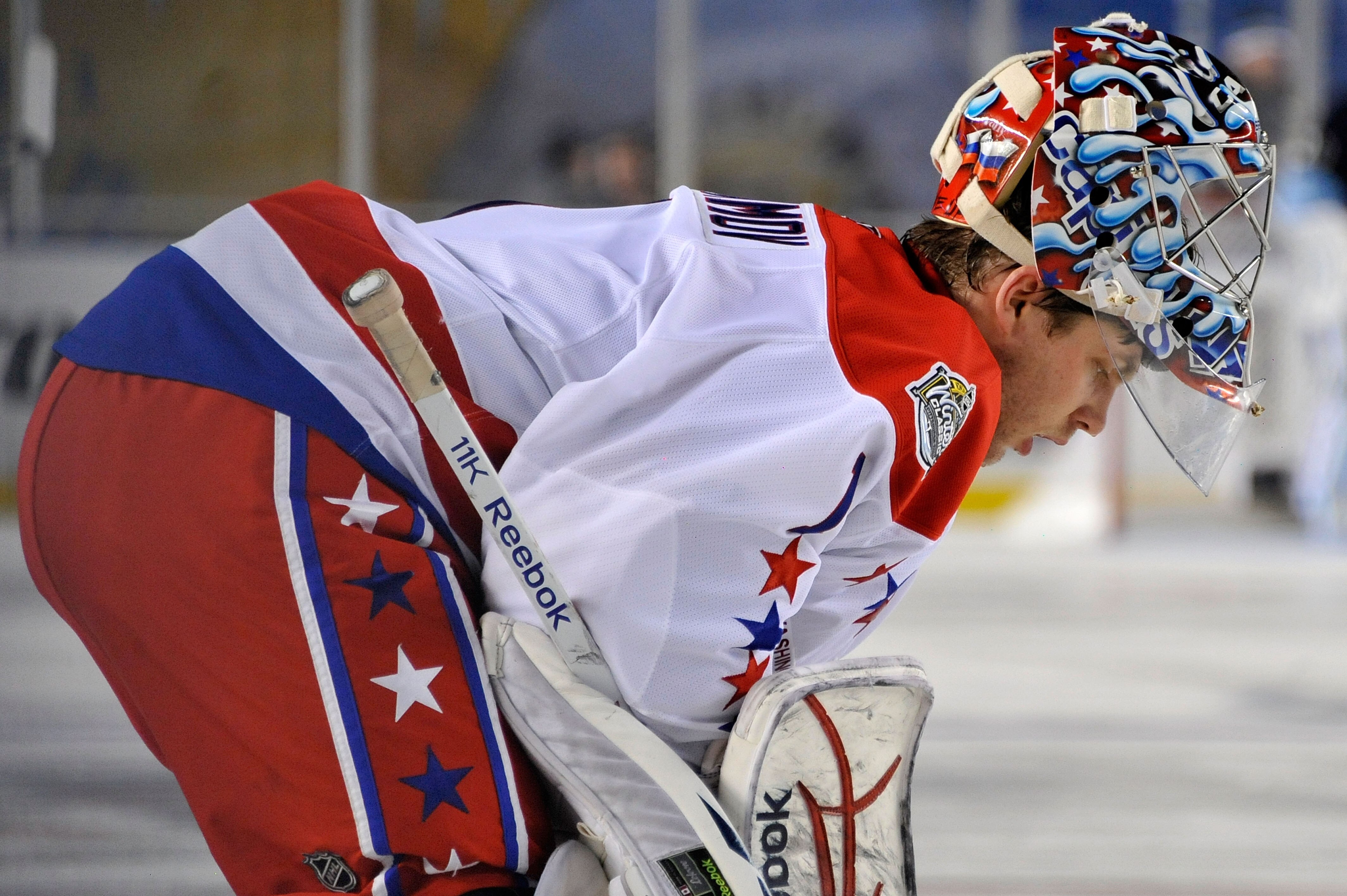 PITTSBURGH, PA - JANUARY 01:  Semyon Varlamov #1 of the Washington Capitals looks on during the 2011 NHL Bridgestone Winter Classic against the Pittsburgh Penguins at Heinz Field on January 1, 2011 in Pittsburgh, Pennsylvania. Washington won 3-1.  (Photo