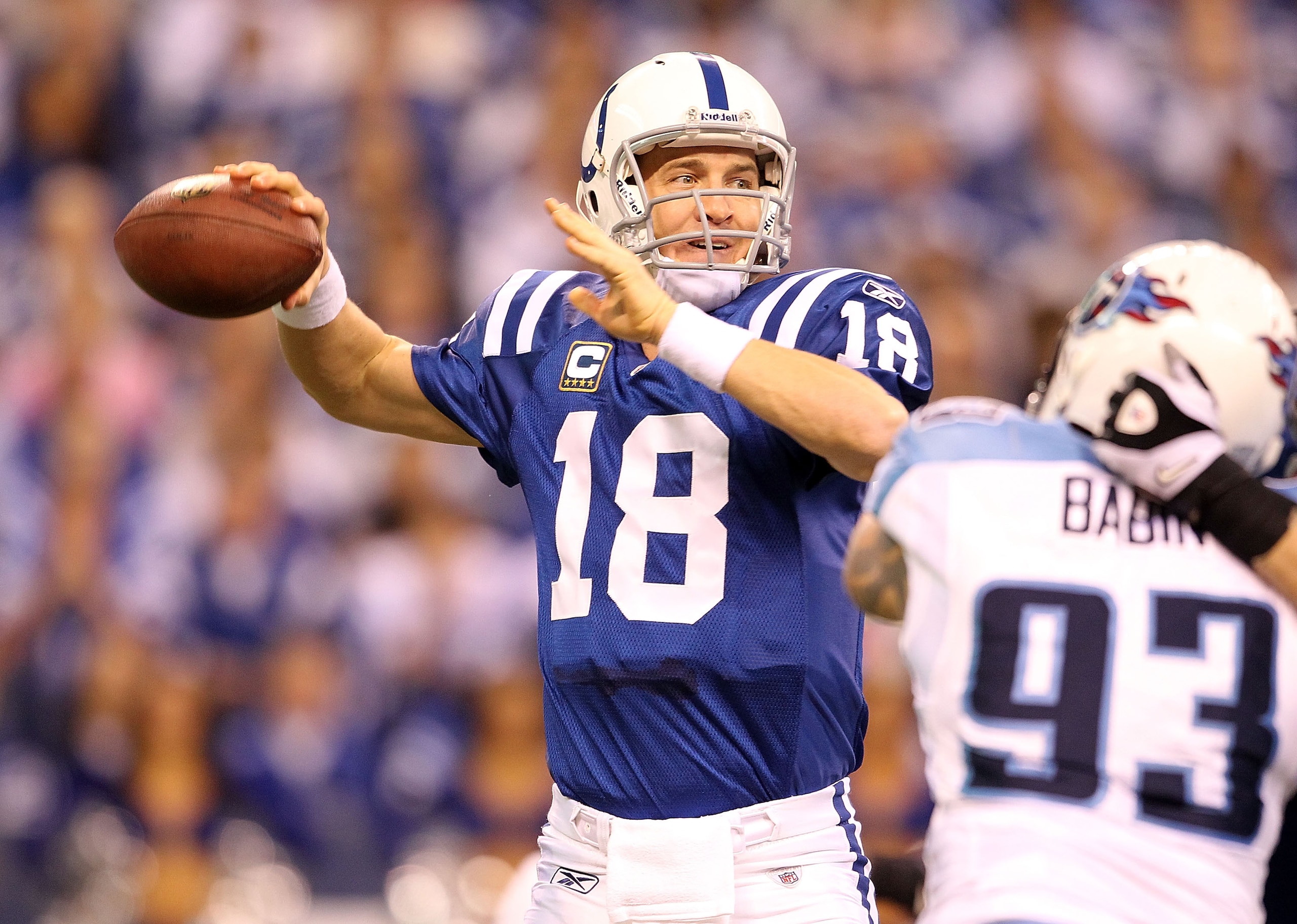INDIANAPOLIS - JANUARY 02:  Peyton Manning #18 of the Indianapolis Colts throws a pass during NFL game against the Tennessee Titans at Lucas Oil Stadium on January 2, 2011 in Indianapolis, Indiana.  (Photo by Andy Lyons/Getty Images)