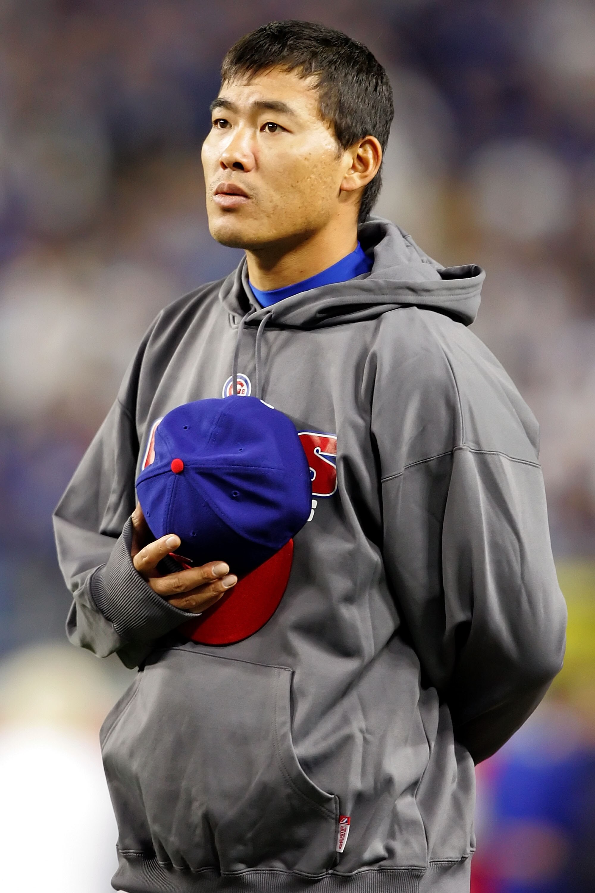 LOS ANGELES, CA - OCTOBER 04:  Kosuke Fukudome #1 of the Chicago Cubs looks on before taking on the Los Angeles Dodgers in Game Three of the NLDS during the 2008 MLB playoffs on October 4, 2008 at Dodger Stadium in Los Angeles, California.  (Photo by Lisa