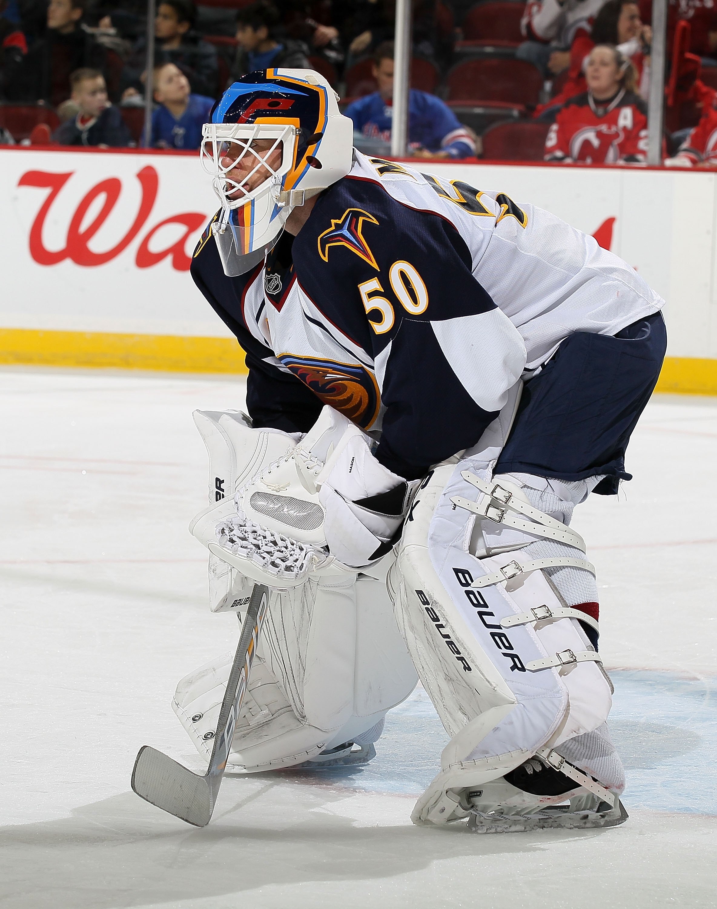 NEWARK, NJ - DECEMBER 31:  Chris Mason #50 of the Atlanta Thrashers skates against the New Jersey Devils at the Prudential Center on December 31, 2010 in Newark, New Jersey. The Devils defeated the Thrashers 3-1.  (Photo by Jim McIsaac/Getty Images)