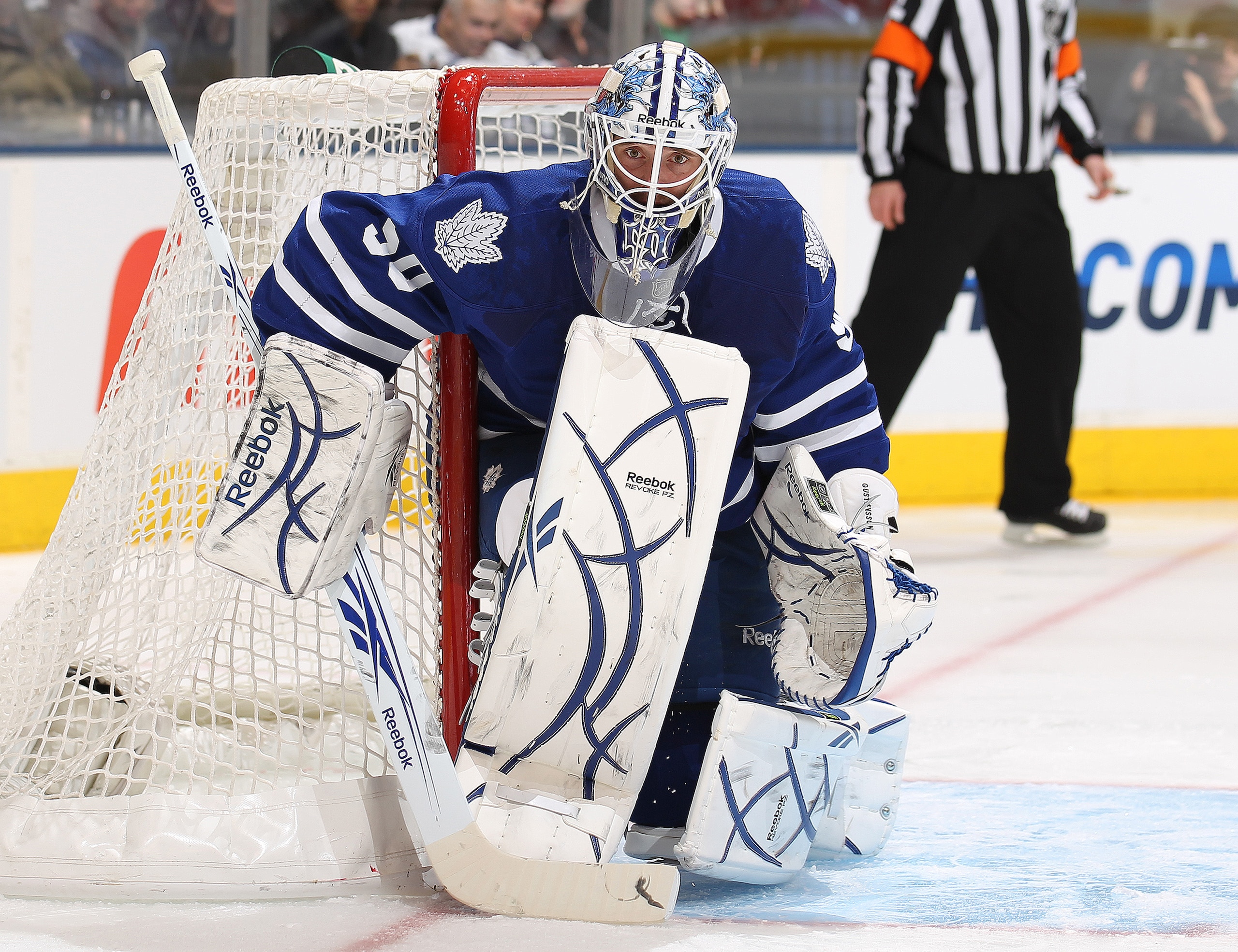 TORONTO, ON - DECEMBER 28:  Jonas Gustavsson #50 of the Toronto Maple Leafs gets set to face a shot in a game against the Carolina Hurricanes on December 28, 2010 at the Air Canada Centre in Toronto, Ontario. (Photo by Claus Andersen/Getty Images)
