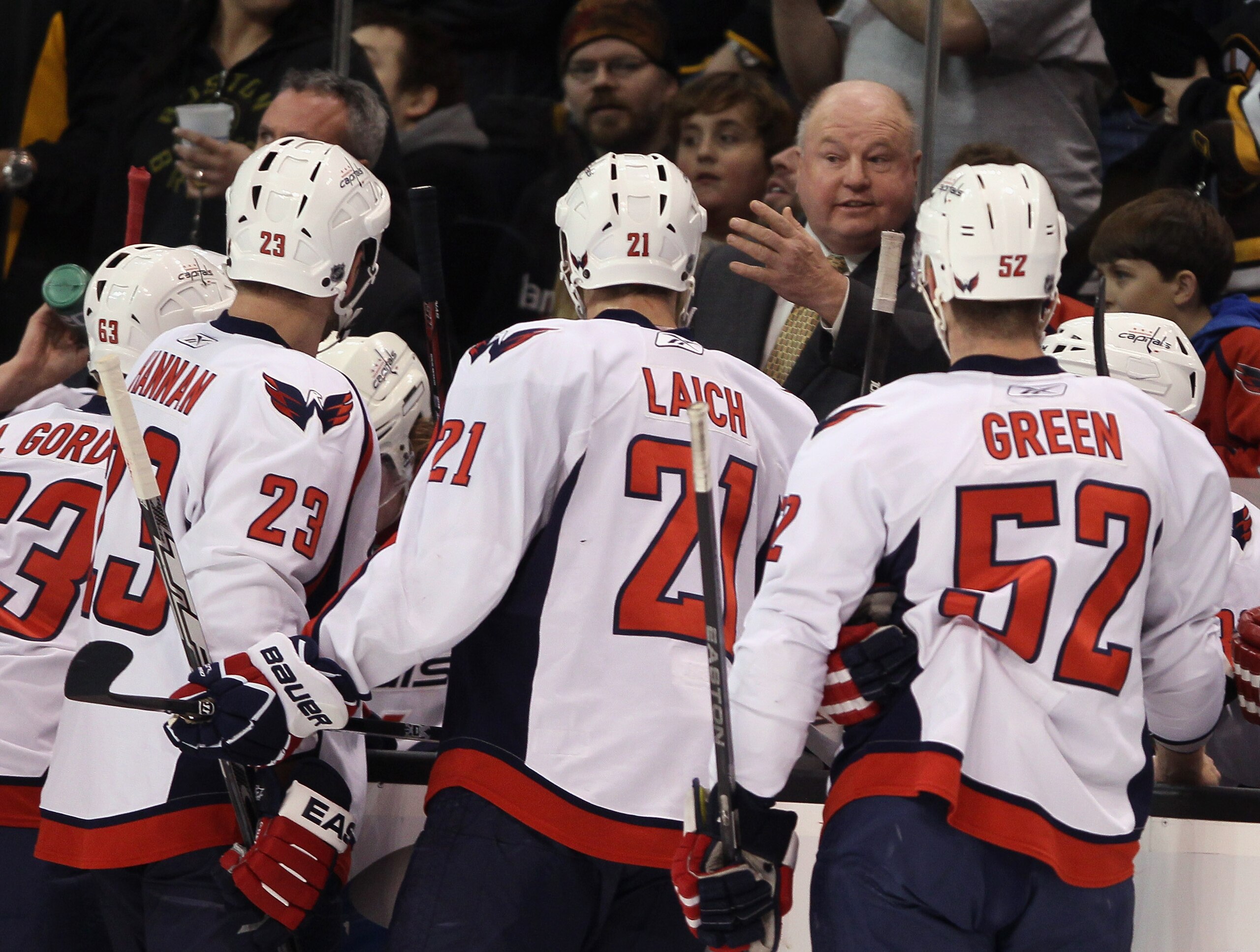 BOSTON, MA - DECEMBER 18: Head coach Bruce Boudreau of the Washington Captials talks with his players during a time out in the first period against the Boston Bruins on December 18, 2010 at the TD Garden in Boston, Massachusetts. (Photo by Elsa/Getty Im BOSTON, MA - DECEMBER 18: Head coach Bruce Boudreau of the Washington Captials talks with his players during a time out in the first period against the Boston Bruins on December 18, 2010 at the TD Garden in Boston, Massachusetts. (Photo by Elsa/Getty Im
