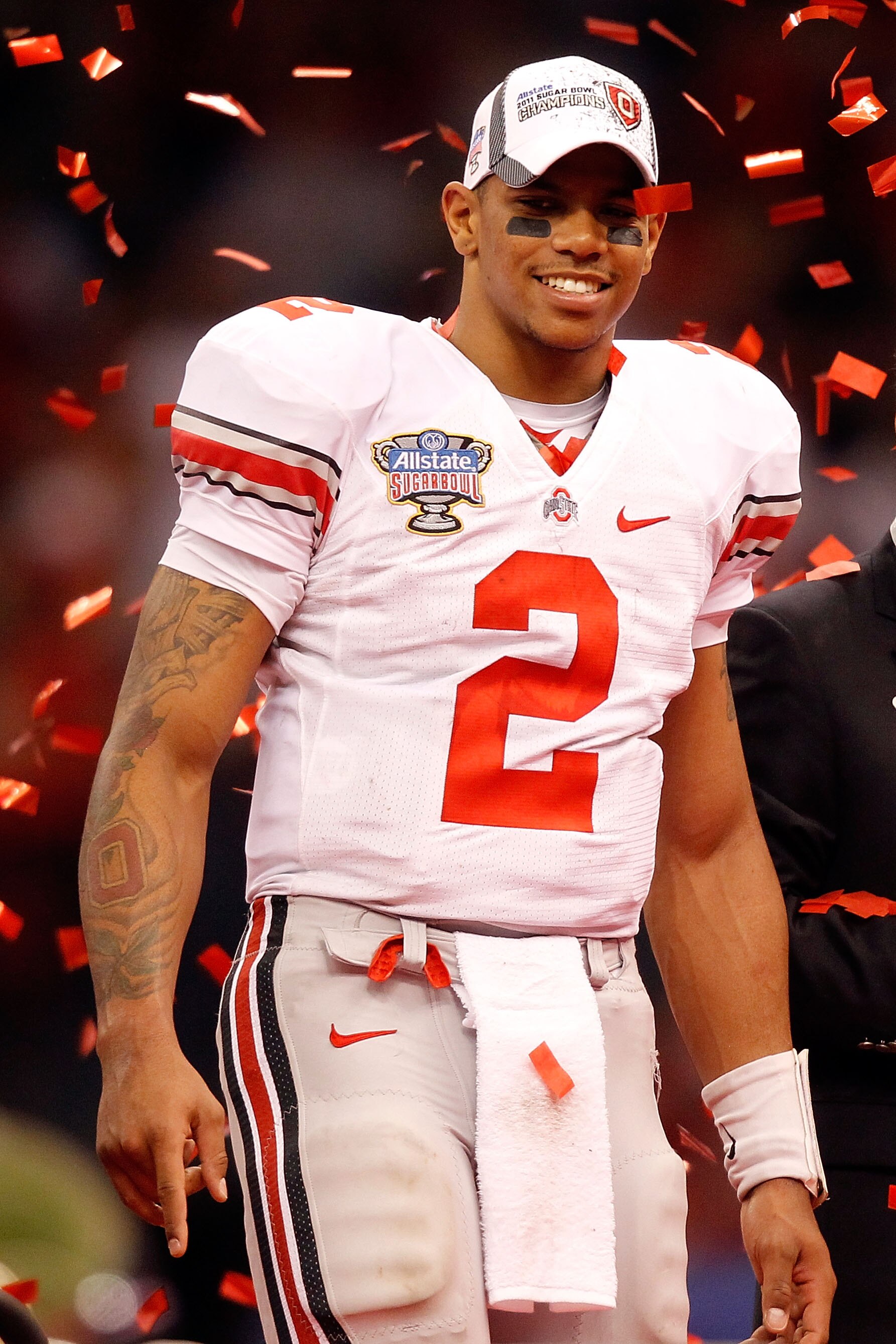 NEW ORLEANS, LA - JANUARY 04:  Quarterback Terrelle Pryor #2 of the Ohio State Buckeyes celebrates the Buckeyes 31-26 victory against the Arkansas Razorbacks during the Allstate Sugar Bowl at the Louisiana Superdome on January 4, 2011 in New Orleans, Loui