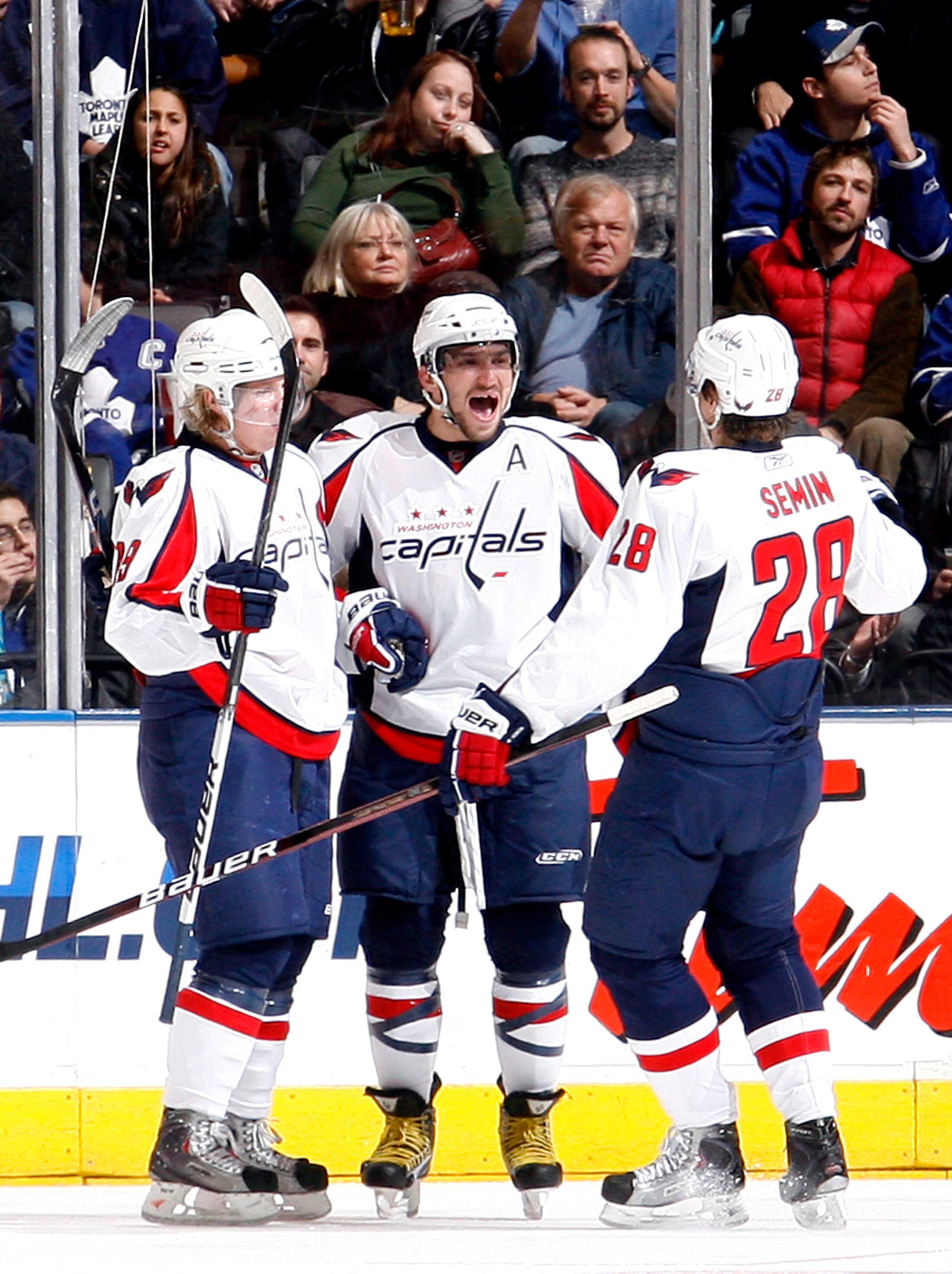 TORONTO - DECEMBER 12: Nicklas Backstrom #19, Alex Ovechkin #8 and Alexander Semin #28 of the Washington Capitals celebrate Alex Ovechkin goal against the Toronto Maple Leafs during action December 12, 2009 at the Air Canada Centre in Toronto, Ontario, C TORONTO - DECEMBER 12: Nicklas Backstrom #19, Alex Ovechkin #8 and Alexander Semin #28 of the Washington Capitals celebrate Alex Ovechkin goal against the Toronto Maple Leafs during action December 12, 2009 at the Air Canada Centre in Toronto, Ontario, C