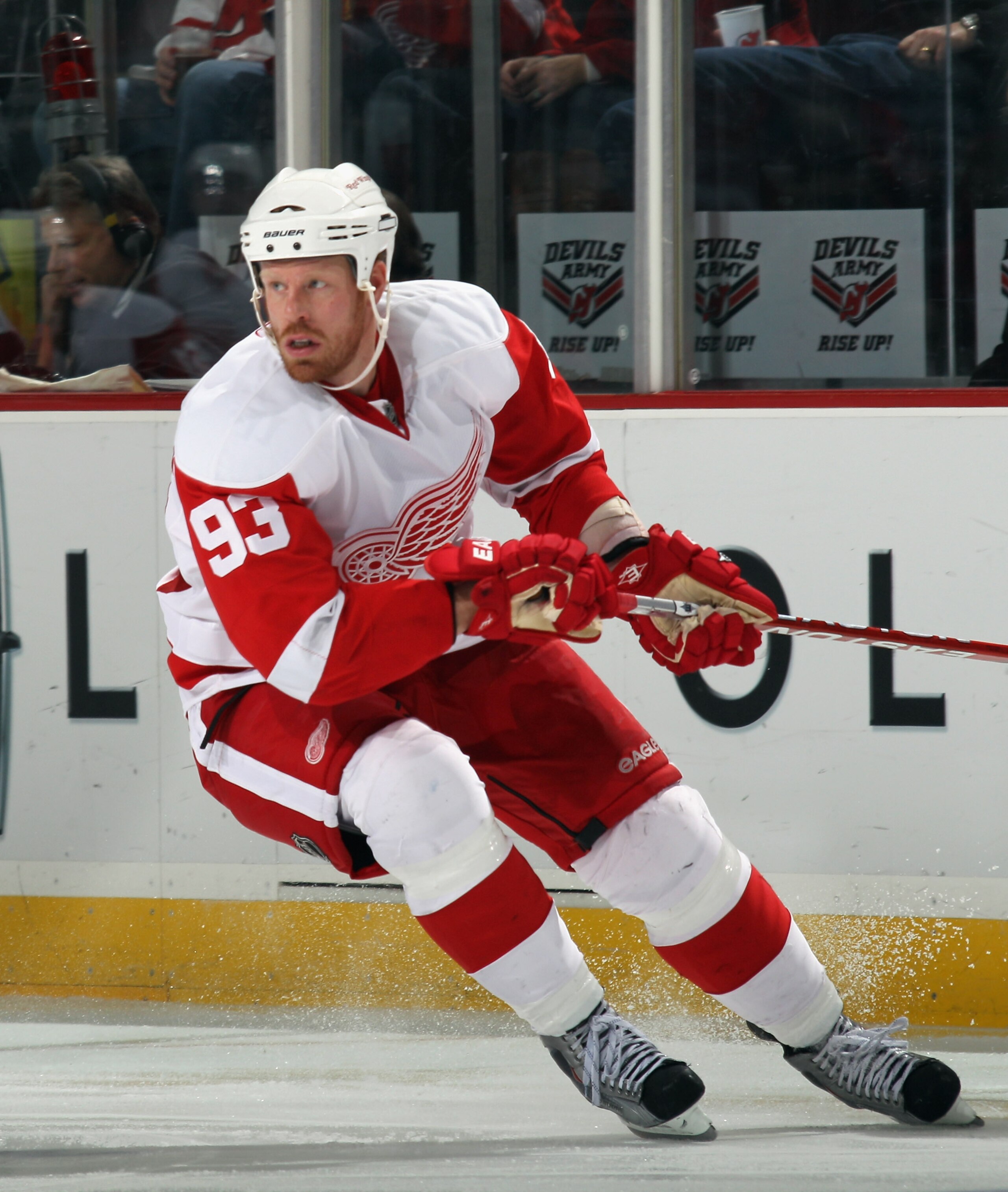 NEWARK, NJ - DECEMBER 11:  Johan Franzen #93 of the Detroit Red Wings skates against the New Jersey Devils at the Prudential Center on December 11, 2010 in Newark, New Jersey. The Red Wings defeated the the Devils 4-1.  (Photo by Bruce Bennett/Getty Image