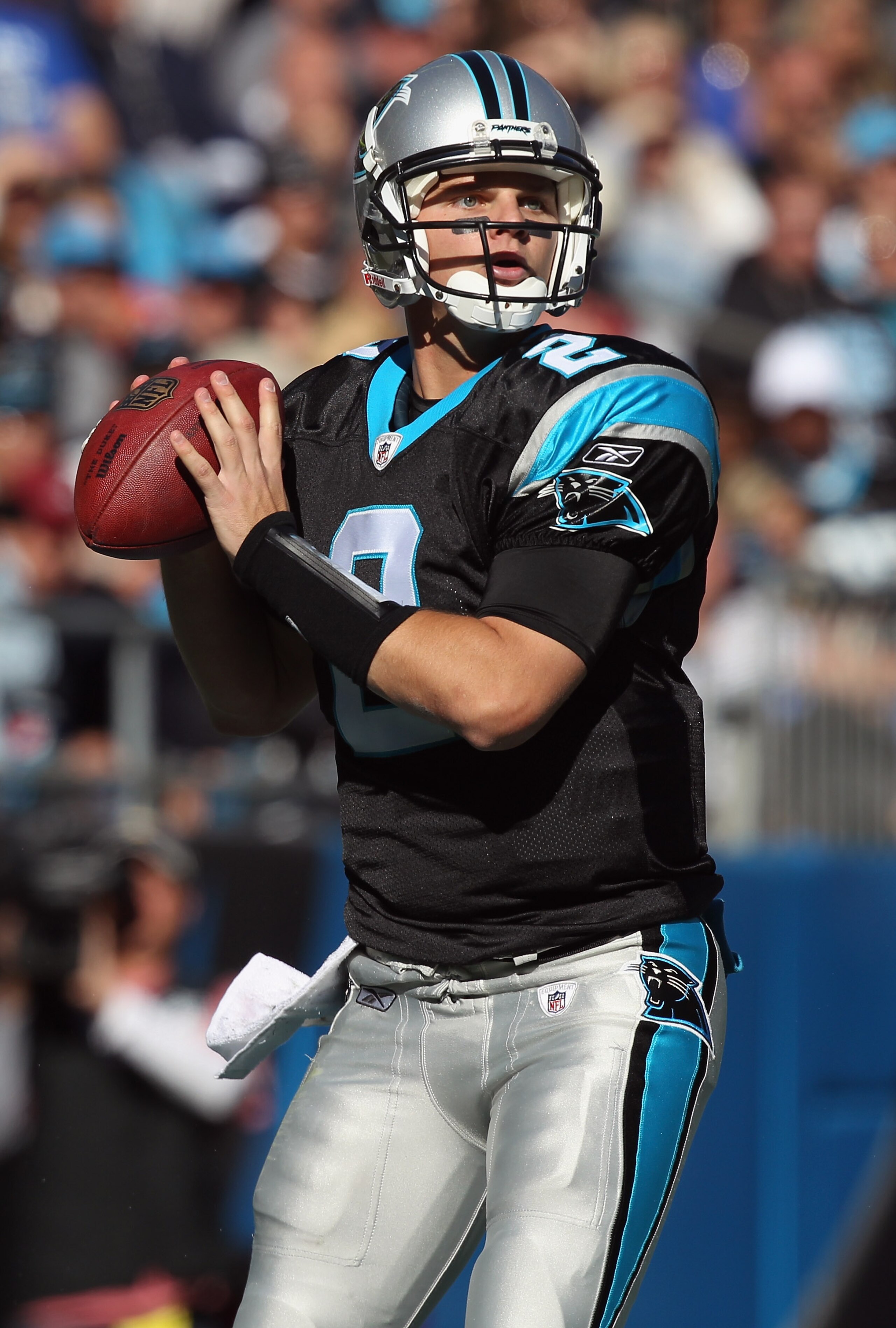 CHARLOTTE, NC - NOVEMBER 07:  Jimmy Clausen #2 of the Carolina Panthers against the New Orleans Saints during their game at Bank of America Stadium on November 7, 2010 in Charlotte, North Carolina.  (Photo by Streeter Lecka/Getty Images)