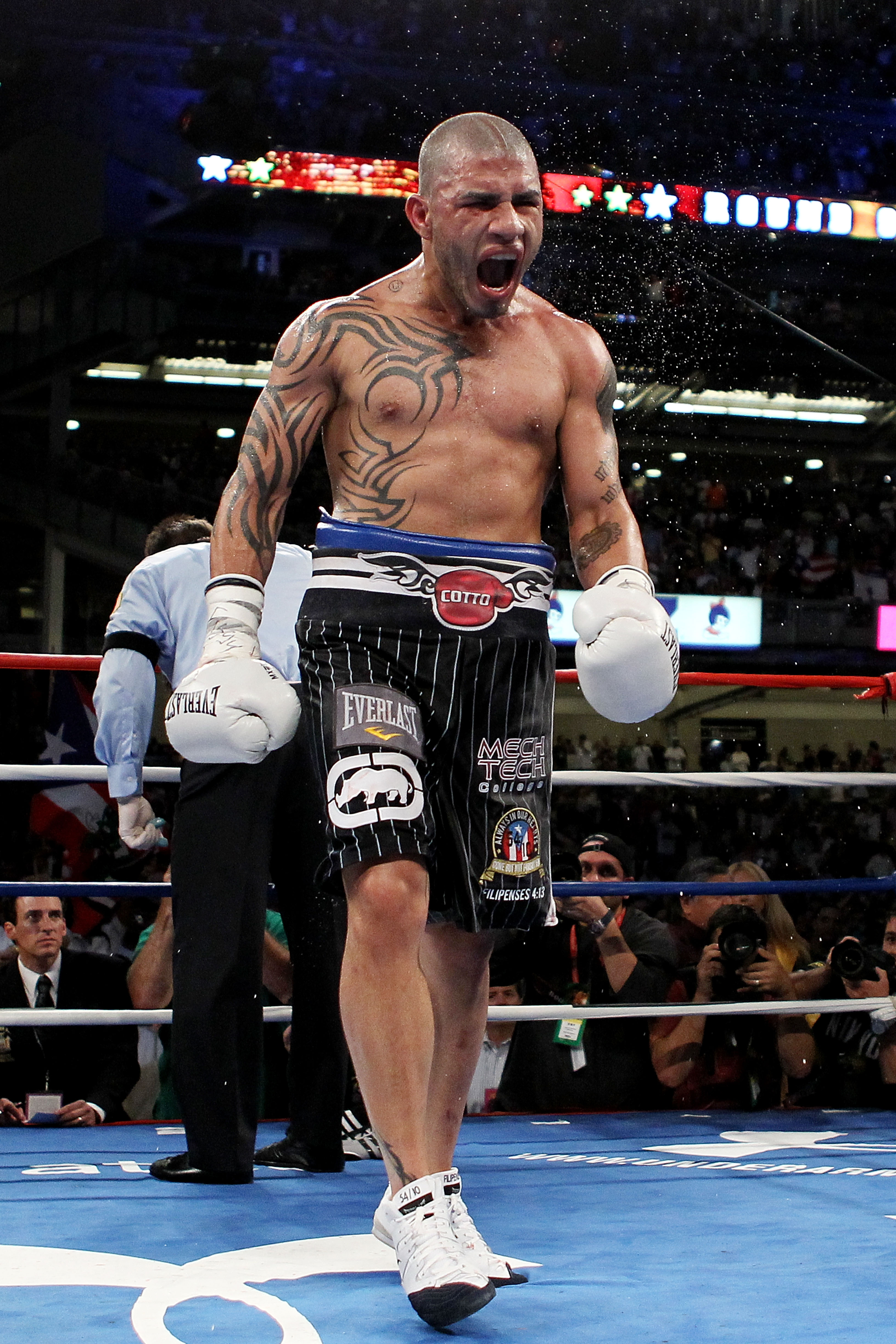 NEW YORK - JUNE 05:  Miguel Cotto of Puerto Rico celebrates defeating Yuri Foreman during the WBA world super welterweight title fight on June 5, 2010 at Yankee Stadium in the Bronx borough of New York City. Cotto wins by TKO in the ninth round.  (Photo b