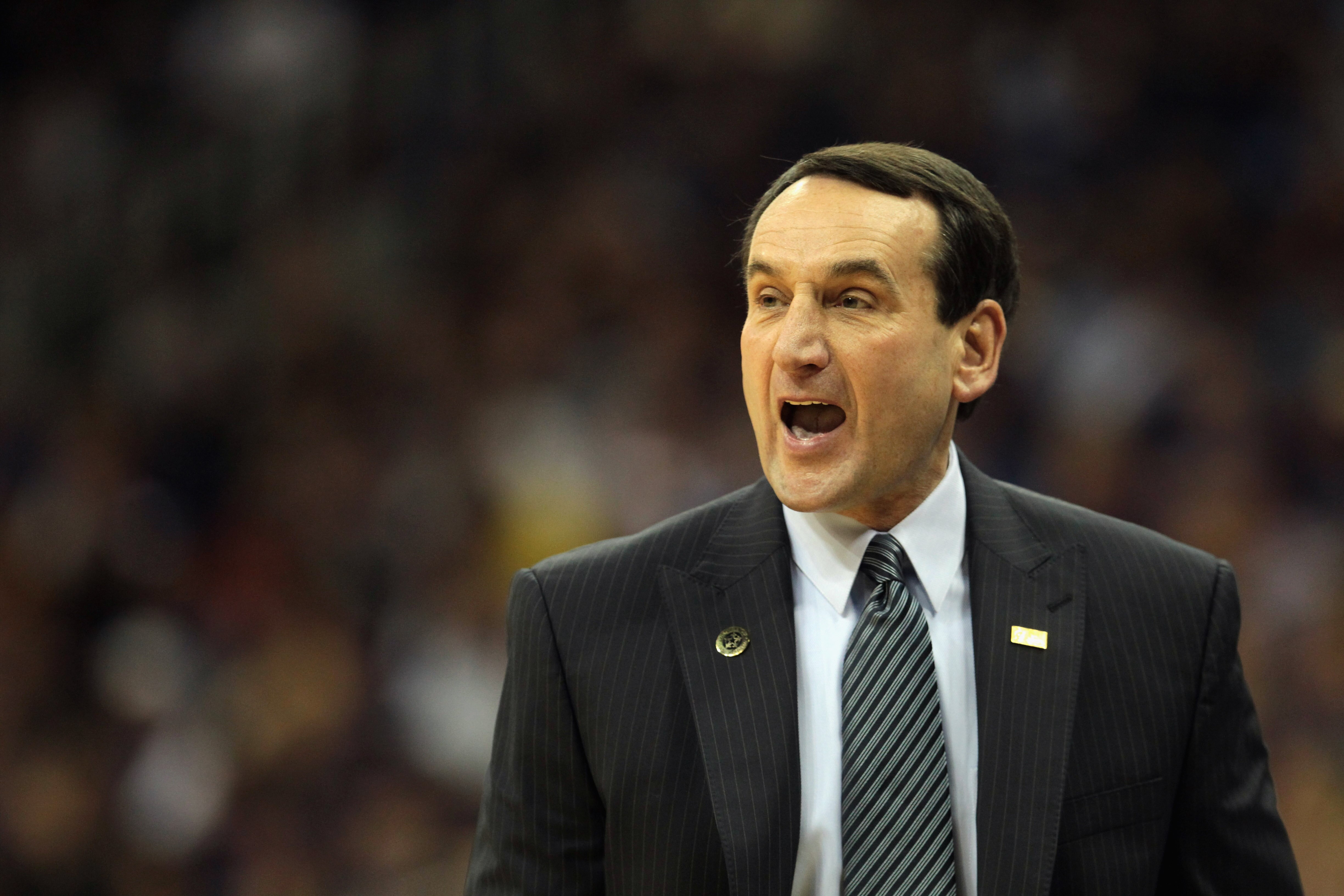 KANSAS CITY, MO - NOVEMBER 23:  Head coach Mike Krzyzewski of the Duke Blue Devils coaches from the bench during the CBE Classic championship game against the Kansas State Wildcats on November 23, 2010 at the Sprint Center in Kansas City, Missouri.  (Phot