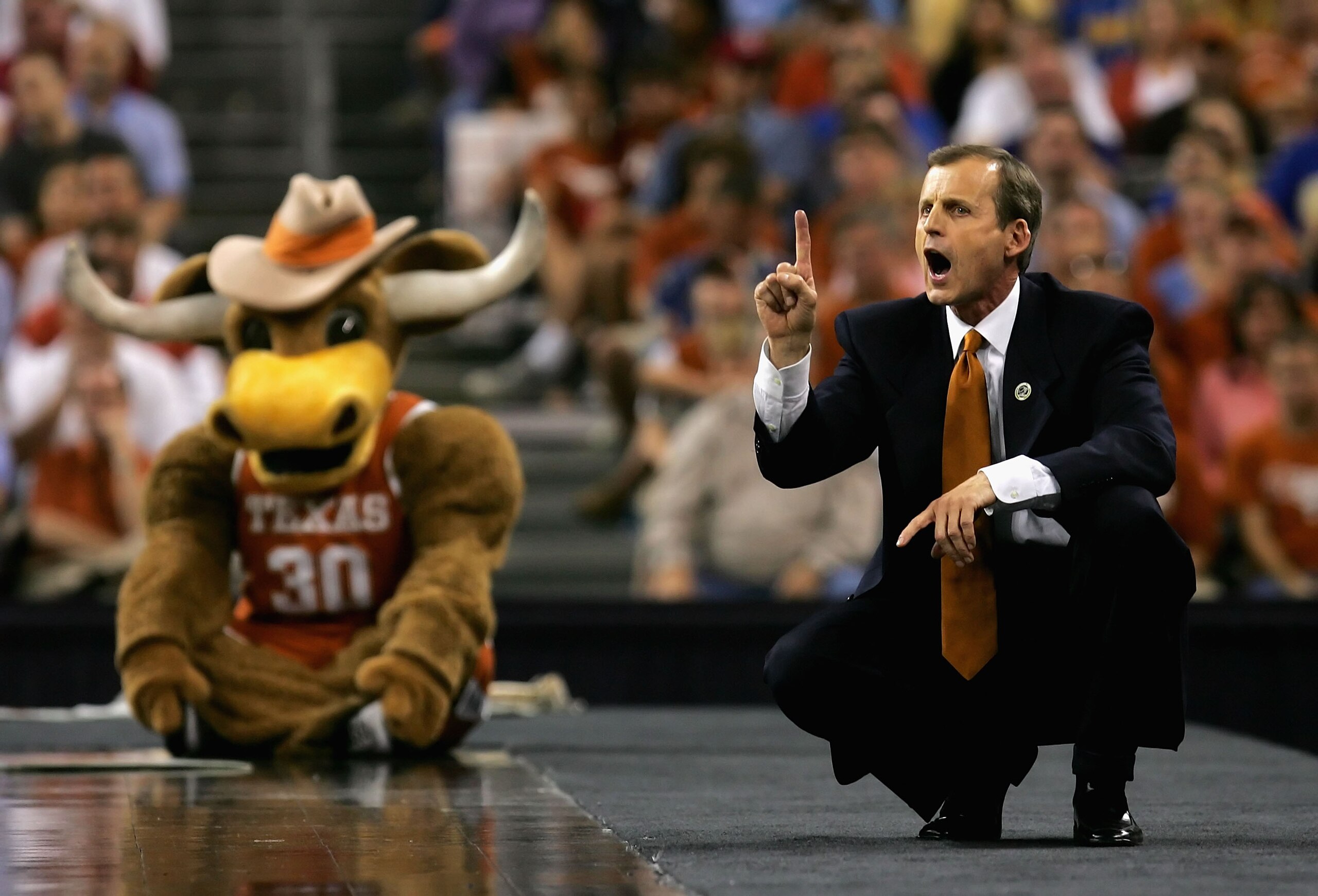 HOUSTON - MARCH 30:  Head coach Rick Barnes of the Texas Longhorns calls a play during the fourth round game of the South Regional against the Memphis Tigers as part of 2008 NCAA Men's Basketball Tournament at Reliant Stadium on March 30, 2008 in Houston,