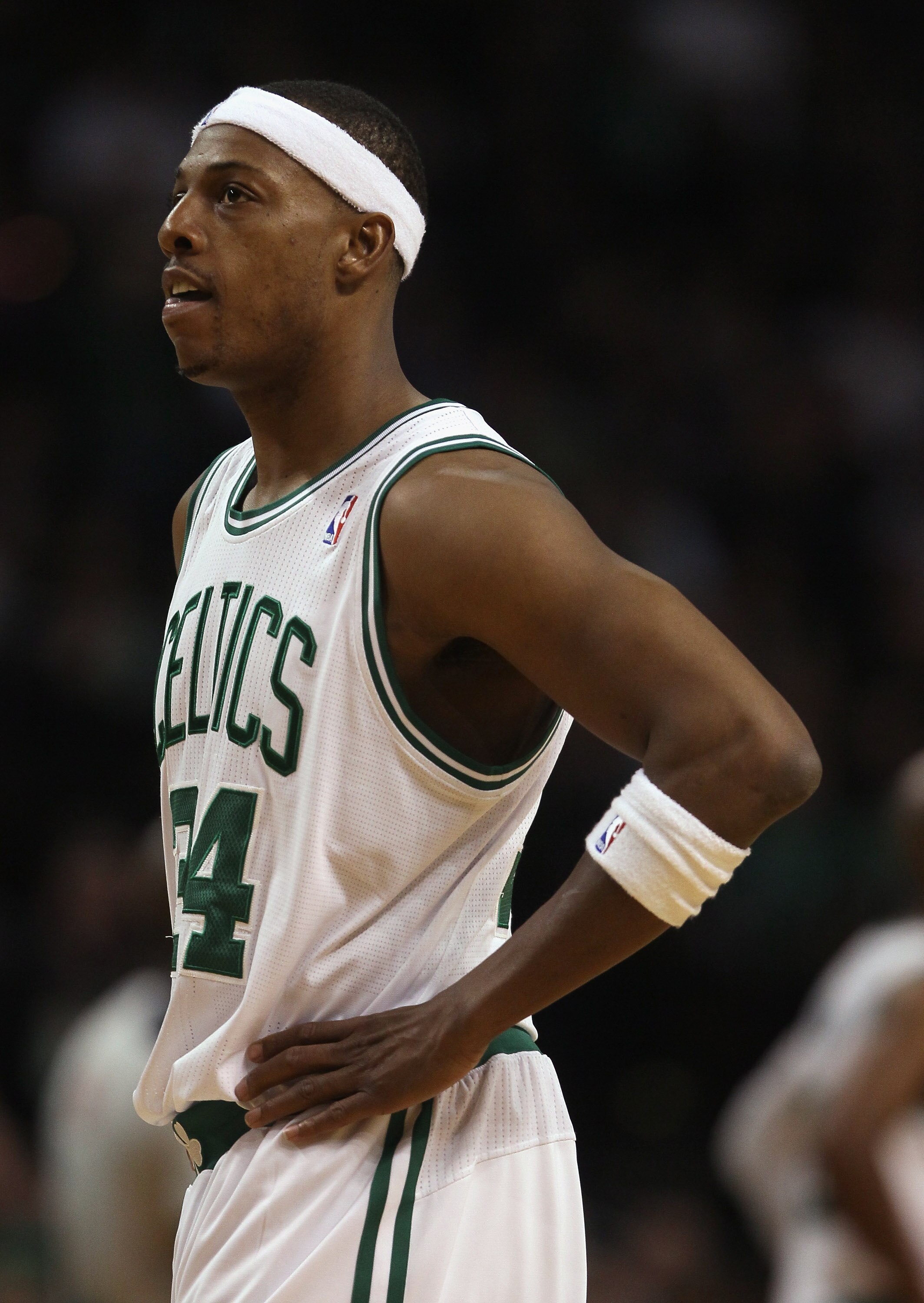 BOSTON - NOVEMBER 24:  Paul Pierce #34 of the Boston Celtics reacts in the fourth quarter against the New Jersey Nets on November 24, 2010 at the TD Garden in Boston, Massachusetts. The Celtics defeated the nets 89-83. NOTE TO USER: User expressly acknowl