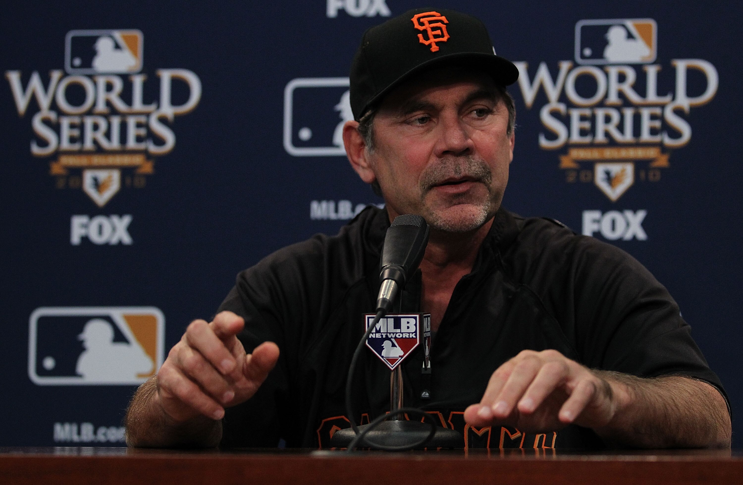 ARLINGTON, TX - OCTOBER 29:  Manager Bruce Bochy of the San Francisco Giants speaks during a press conference for the 2010 World Series at Rangers Ballpark in Arlington on October 29, 2010 in Arlington, Texas.  (Photo by Ronald Martinez/Getty Images)