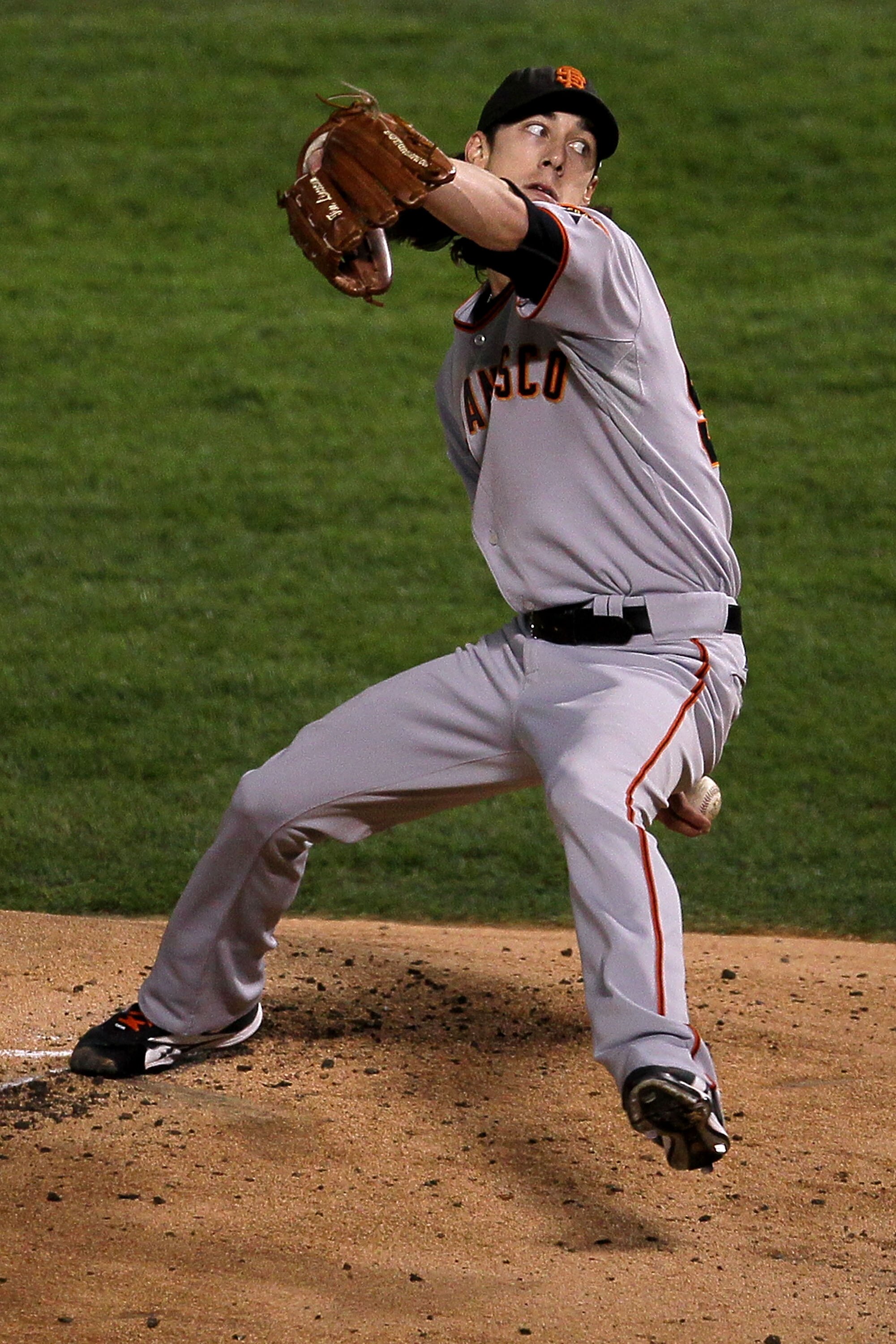 ARLINGTON, TX - NOVEMBER 01:  Starting pitcher Tim Lincecum #55 of the San Francisco Giants pitches against the Texas Rangers in Game Five of the 2010 MLB World Series at Rangers Ballpark in Arlington on November 1, 2010 in Arlington, Texas. The Giants wo