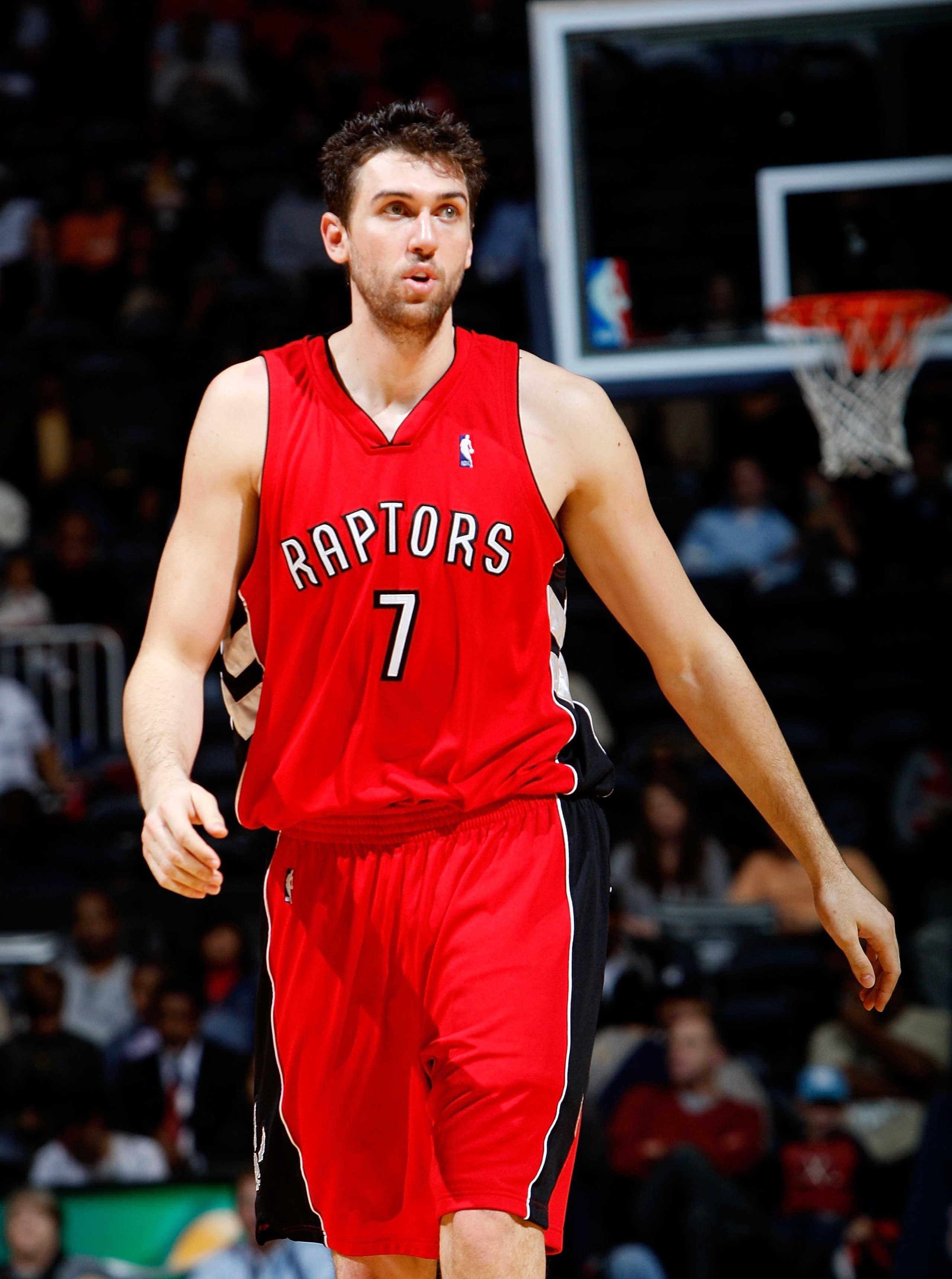 ATLANTA - DECEMBER 02:  Andrea Bargnani #7 of the Toronto Raptors against the Atlanta Hawks at Philips Arena on December 2, 2009 in Atlanta, Georgia.  NOTE TO USER: User expressly acknowledges and agrees that, by downloading and/or using this Photograph,