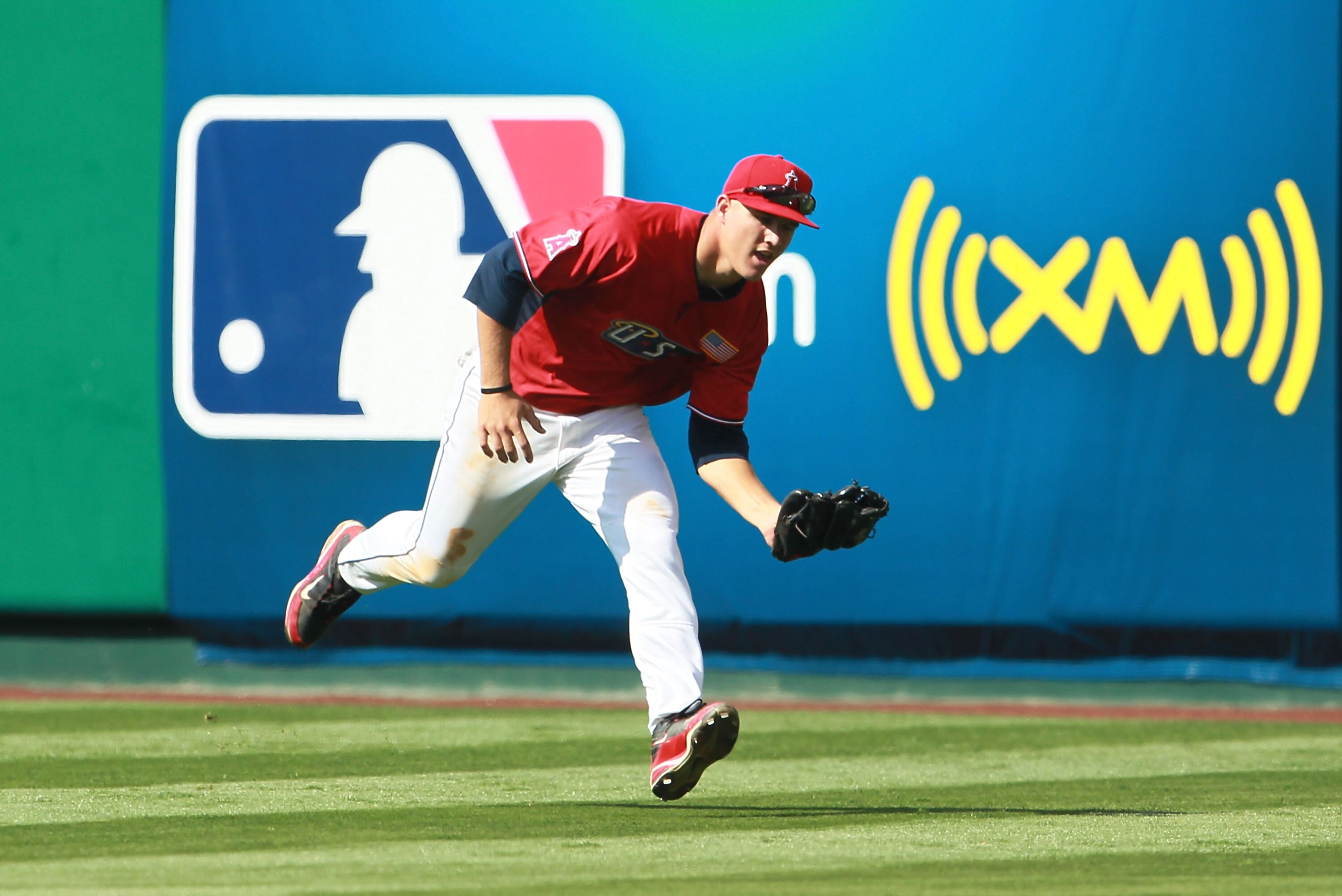ANAHEIM, CA - JULY 11:  U.S. Futures All-Star Mike Trout #20 of the Los Angeles Angels of Anaheim makes a catch during the 2010 XM All-Star Futures Game at Angel Stadium of Anaheim on July 11, 2010 in Anaheim, California.  (Photo by Jeff Gross/Getty Image