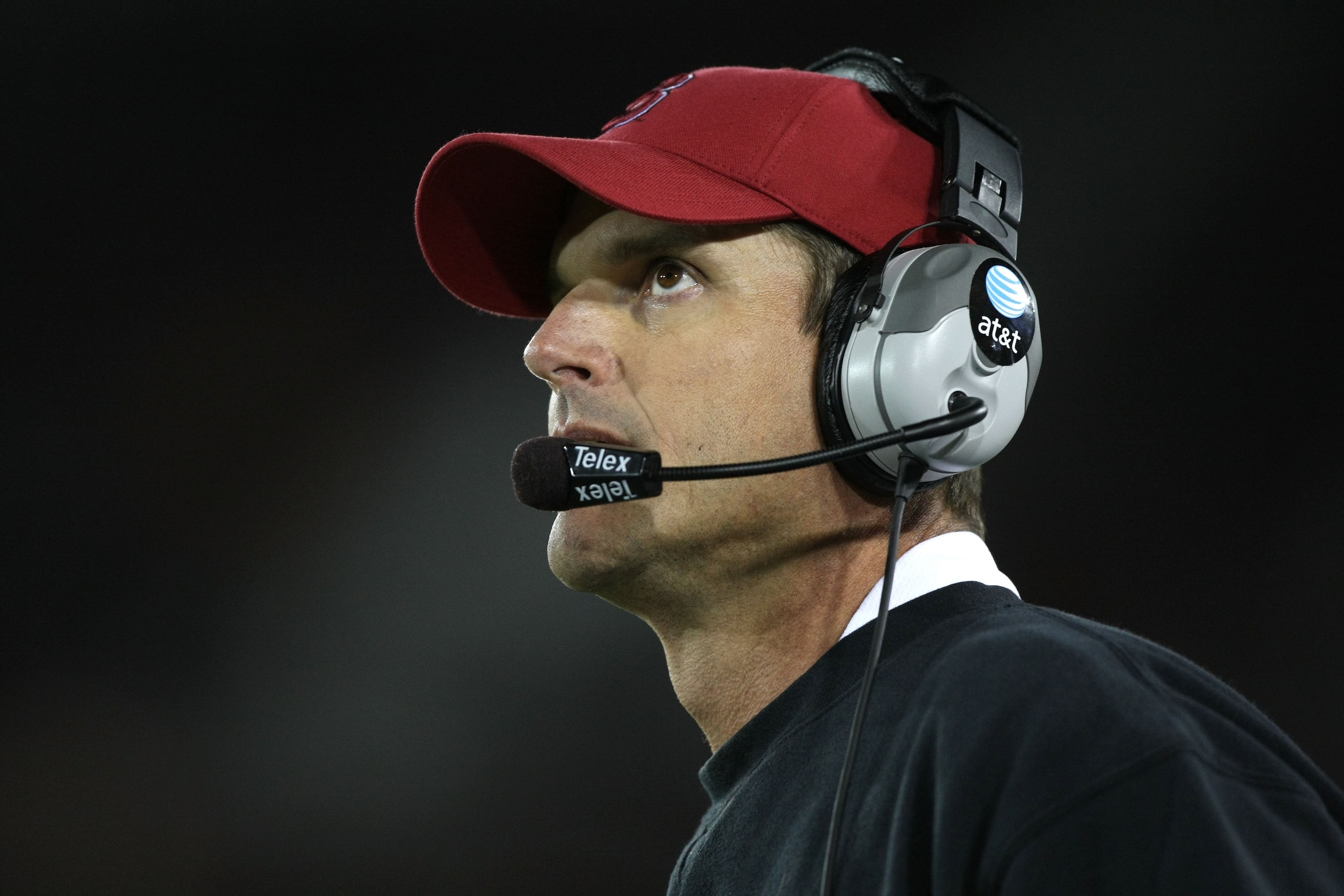 STANFORD, CA - SEPTEMBER 20: Head coach Jim Harbaugh of the Stanford Cardinals looks on against the San Jose State Spartans at Stanford Stadium on September 20, 2008 in Stanford, California. (Photo by Jed Jacobsohn/Getty Images) STANFORD, CA - SEPTEMBER 20: Head coach Jim Harbaugh of the Stanford Cardinals looks on against the San Jose State Spartans at Stanford Stadium on September 20, 2008 in Stanford, California. (Photo by Jed Jacobsohn/Getty Images)